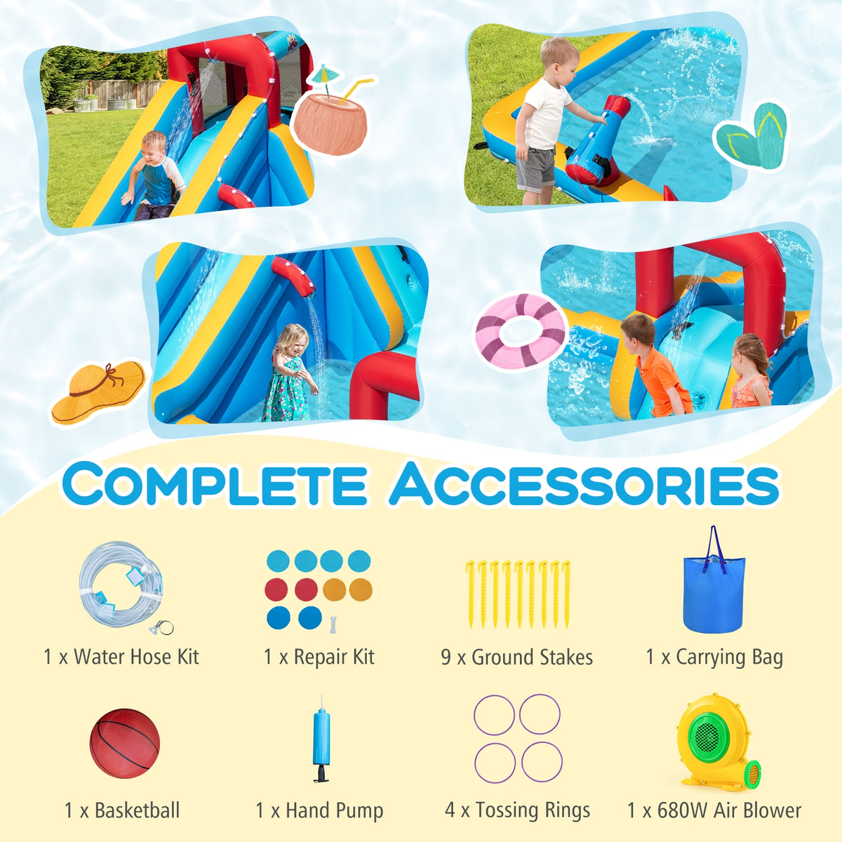 9-in-1 Inflatable Water Slide Park with 680W Blower - Multi-Colored