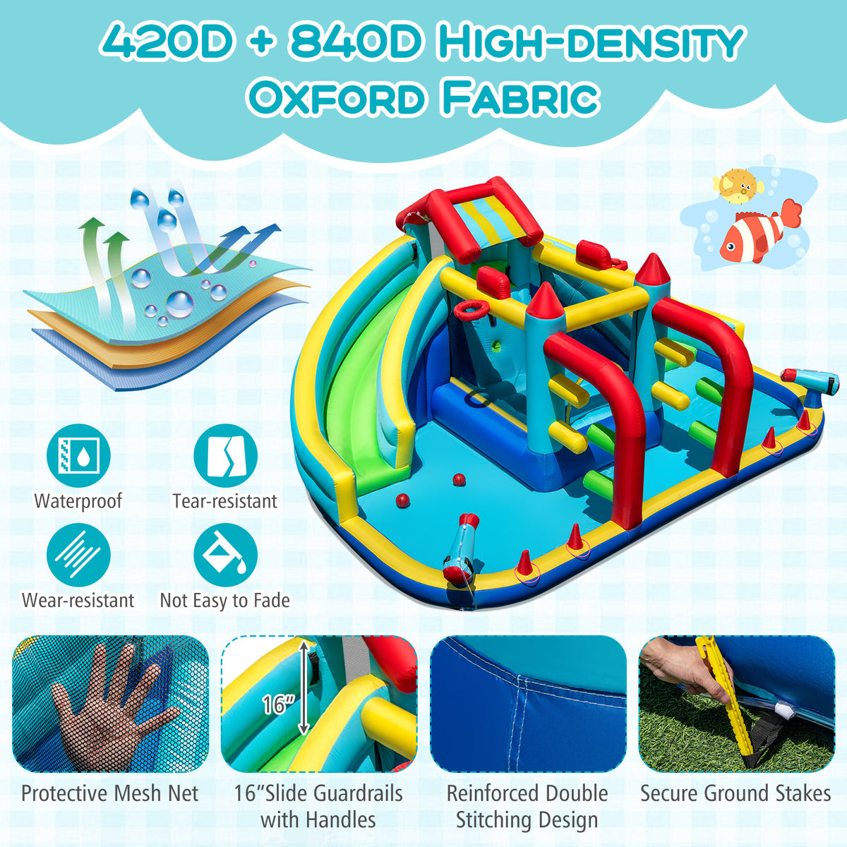 Inflatable Double Water Slide Park with Obstacle Course and 680W Blower