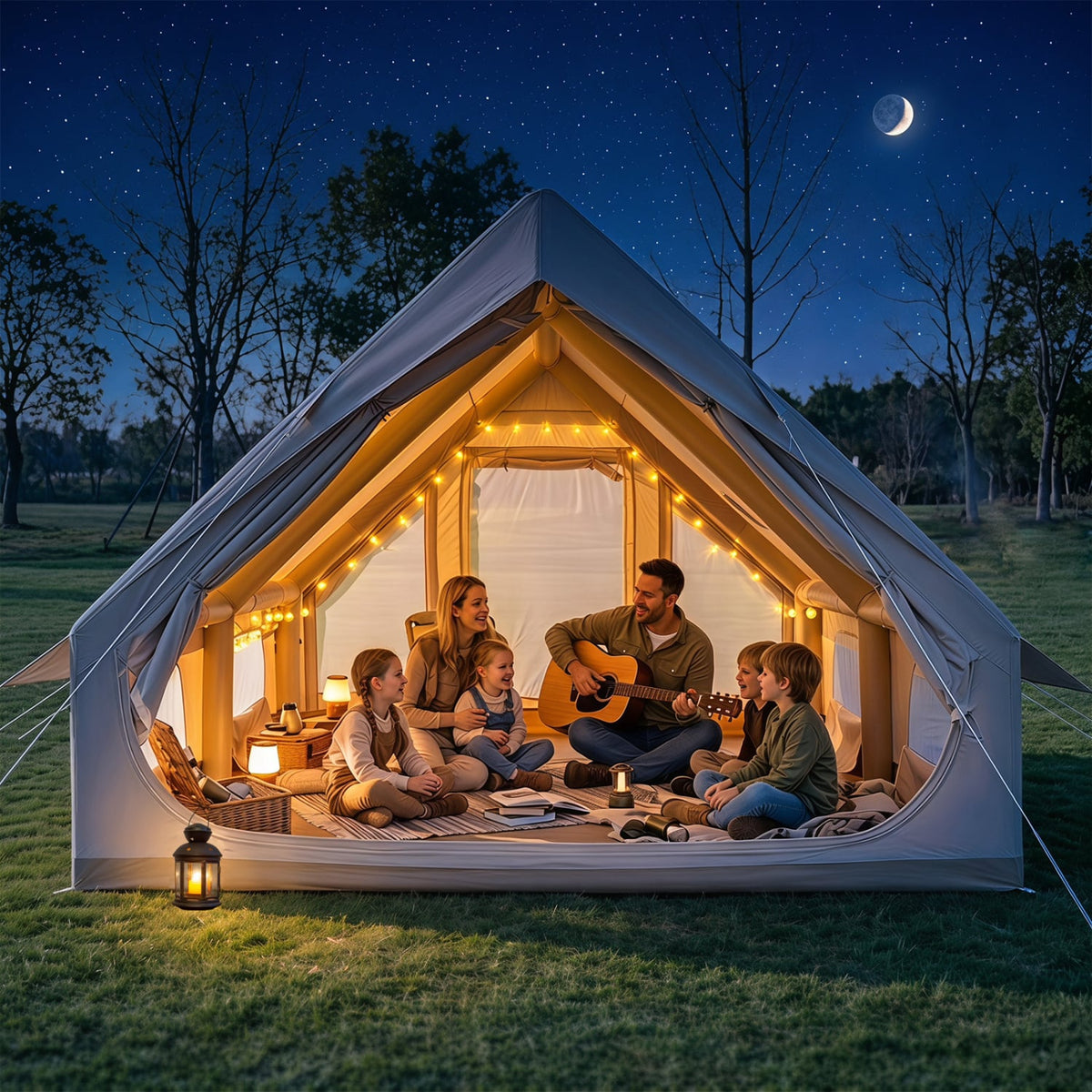 Inflatable Easy Setup 4 Season Waterproof Oxford Camping Tent for Camping with Stove Jack for 6-10 Person-Beige-Tents-DECOROLALA