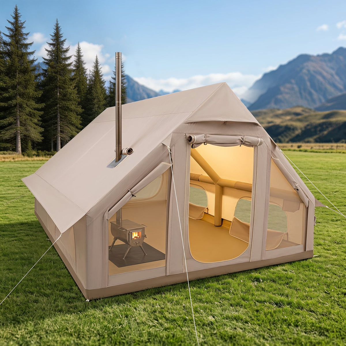 Inflatable Easy Setup 4 Season Waterproof Oxford Camping Tent for Camping with Stove Jack for 6-10 Person-Beige-Tents-DECOROLALA
