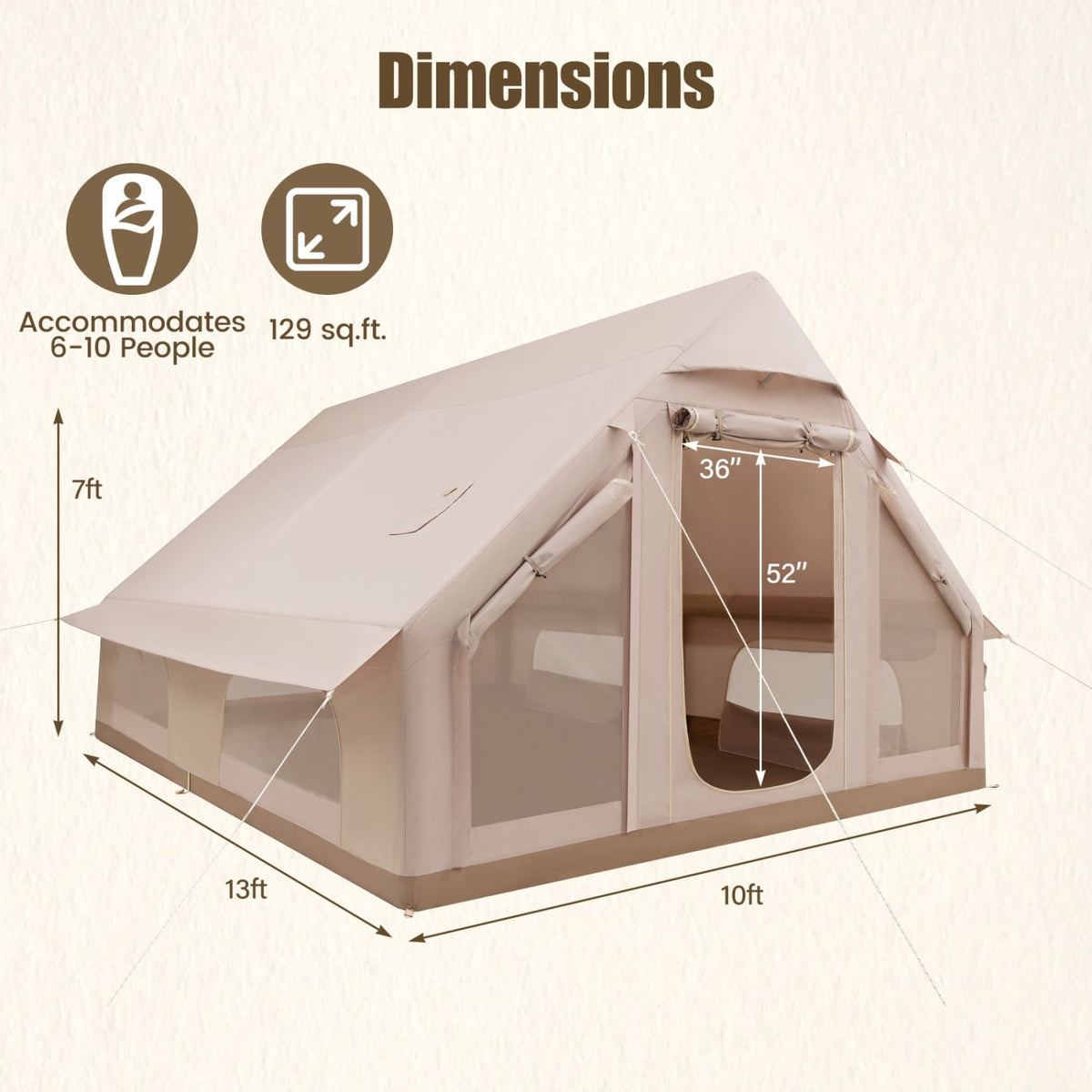 Inflatable Easy Setup 4 Season Waterproof Oxford Camping Tent for Camping with Stove Jack for 6-10 Person-Beige-Tents-DECOROLALA