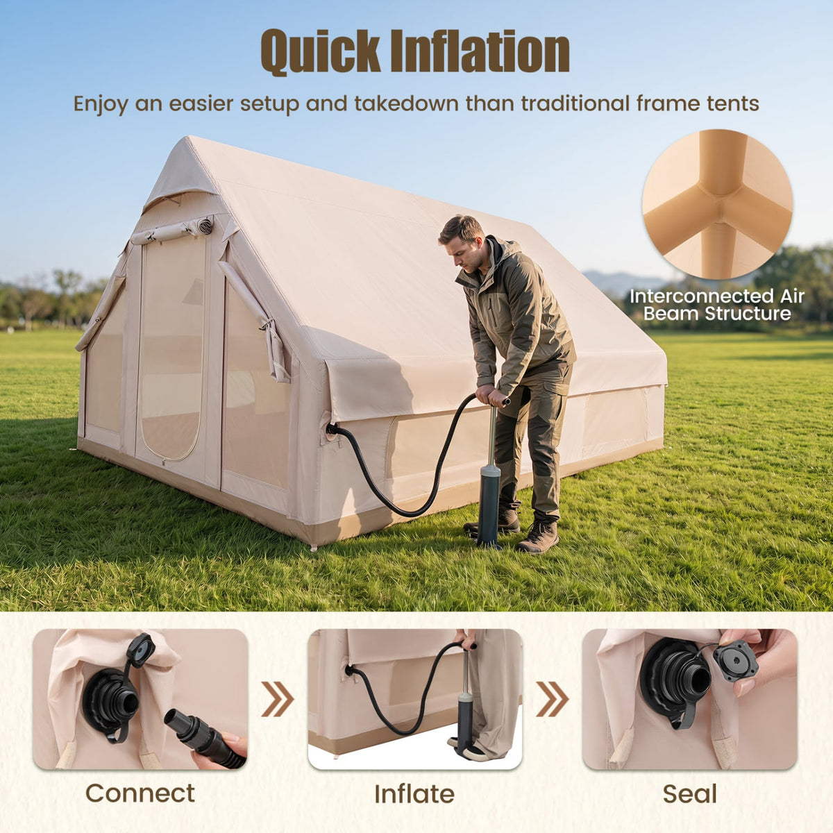Inflatable Easy Setup 4 Season Waterproof Oxford Camping Tent for Camping with Stove Jack for 6-10 Person-Beige-Tents-DECOROLALA