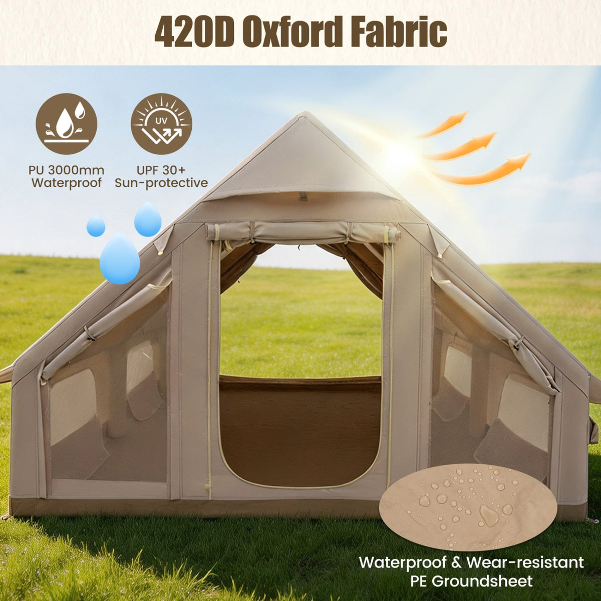 Inflatable Easy Setup 4 Season Waterproof Oxford Camping Tent for Camping with Stove Jack for 6-10 Person-Beige-Tents-DECOROLALA