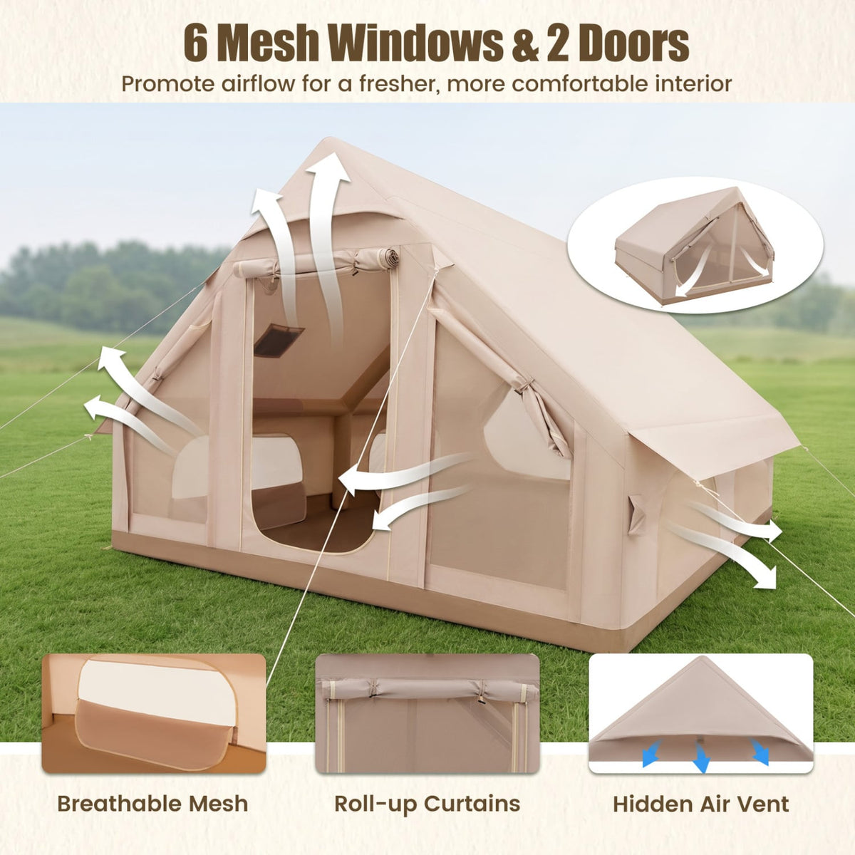 Inflatable Easy Setup 4 Season Waterproof Oxford Camping Tent for Camping with Stove Jack for 6-10 Person-Beige-Tents-DECOROLALA