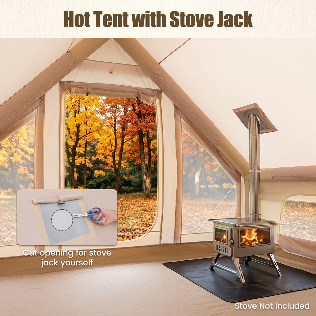 Inflatable Easy Setup 4 Season Waterproof Oxford Camping Tent for Camping with Stove Jack for 6-10 Person-Beige-Tents-DECOROLALA