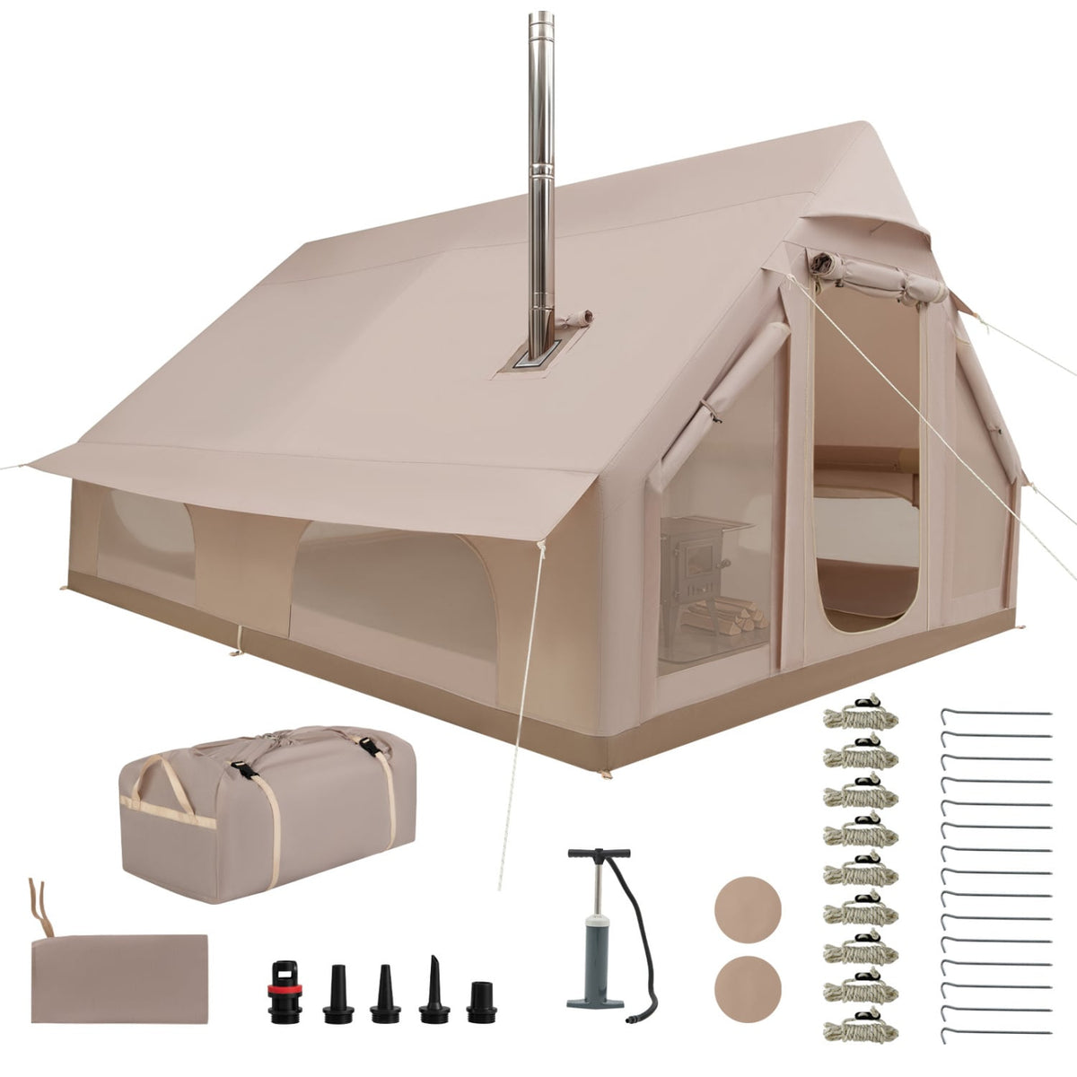 Inflatable Easy Setup 4 Season Waterproof Oxford Camping Tent for Camping with Stove Jack for 6-10 Person-Beige-Tents-DECOROLALA