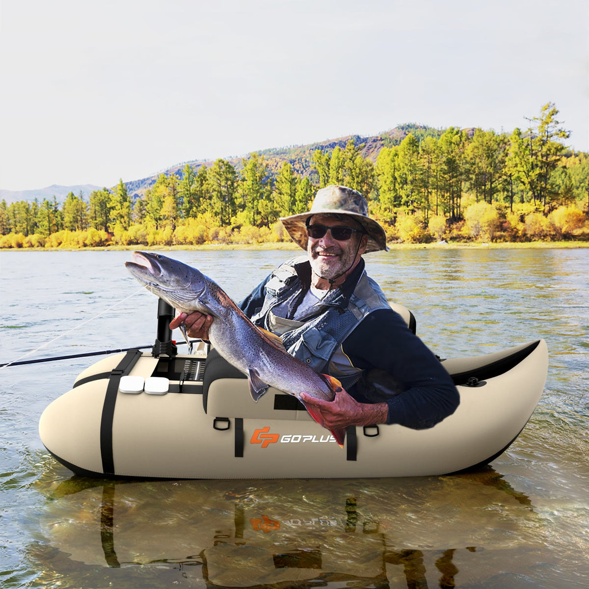 Inflatable Fishing Float Tube with Fish Ruler and Pump Storage Pockets-Beige-Surfing-DECOROLALA
