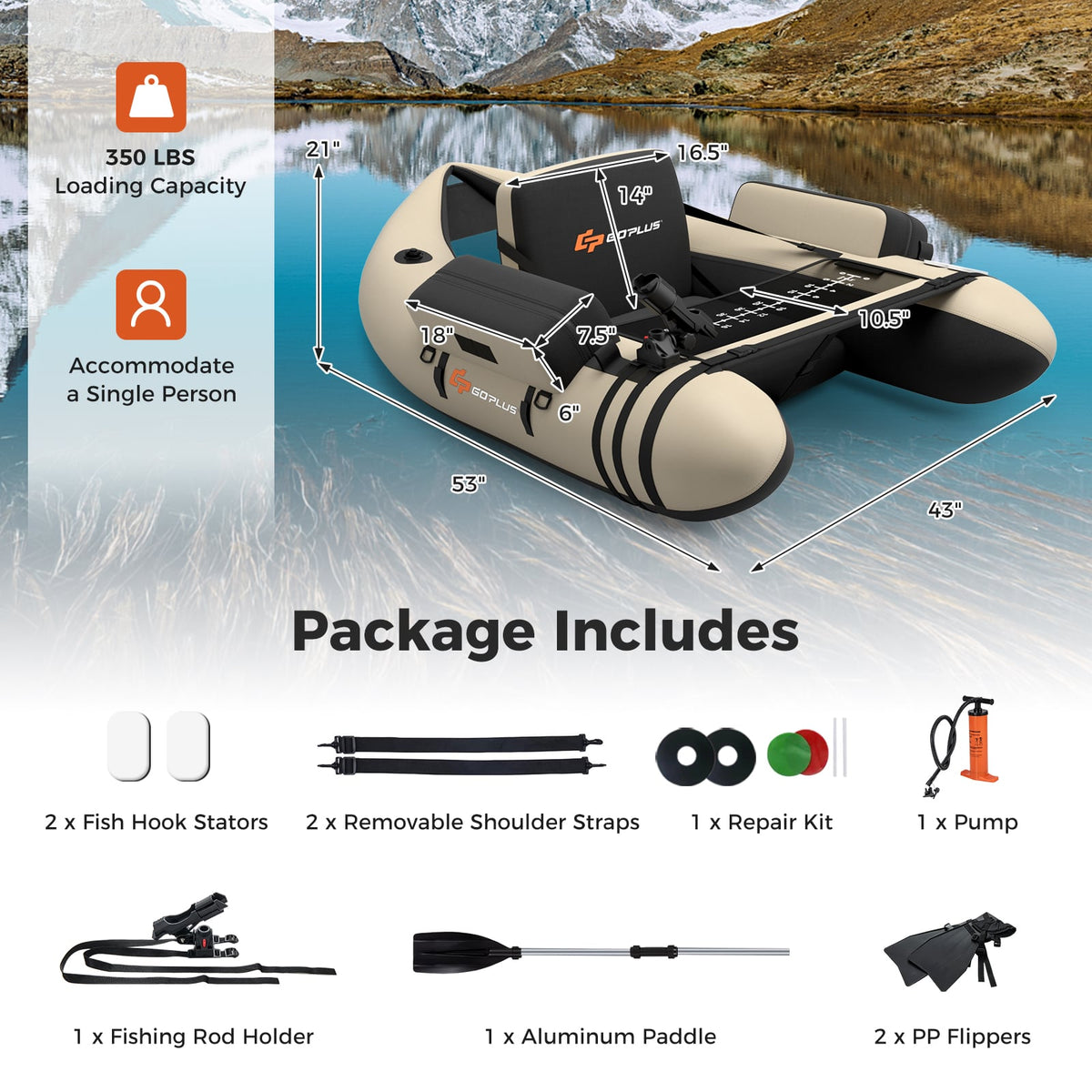 Inflatable Fishing Float Tube with Fish Ruler and Pump Storage Pockets-Beige-Surfing-DECOROLALA
