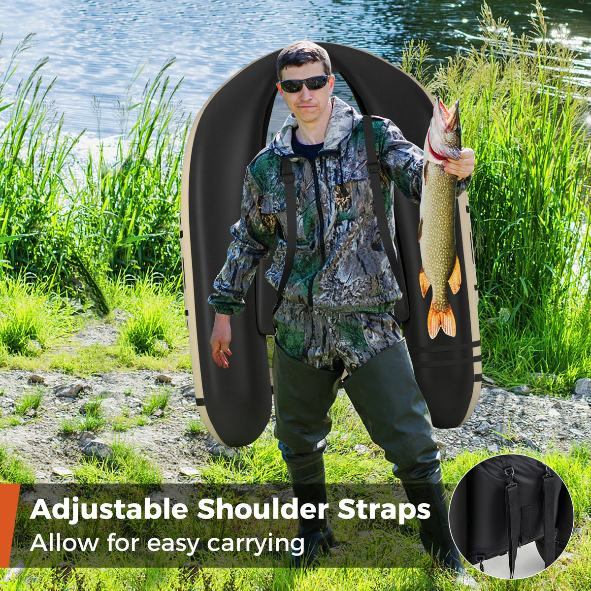 Inflatable Fishing Float Tube with Fish Ruler and Pump Storage Pockets-Beige-Surfing-DECOROLALA
