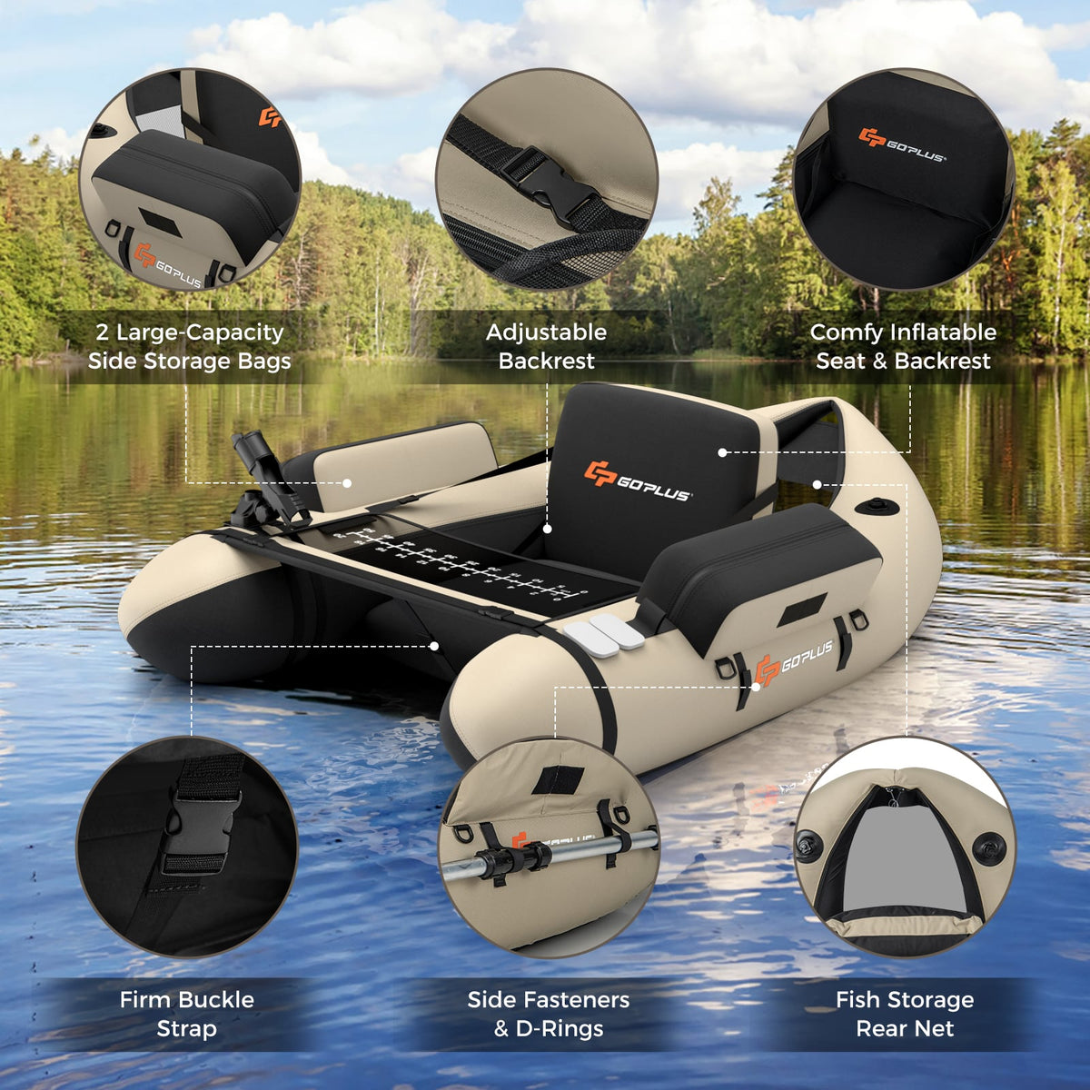 Inflatable Fishing Float Tube with Fish Ruler and Pump Storage Pockets-Beige-Surfing-DECOROLALA
