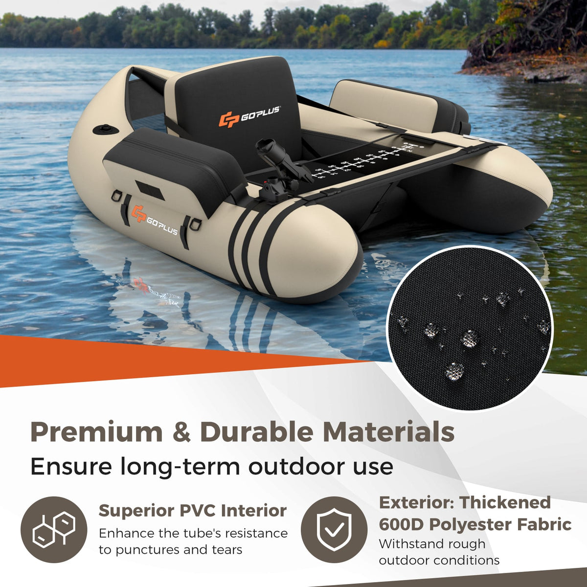 Inflatable Fishing Float Tube with Fish Ruler and Pump Storage Pockets-Beige-Surfing-DECOROLALA