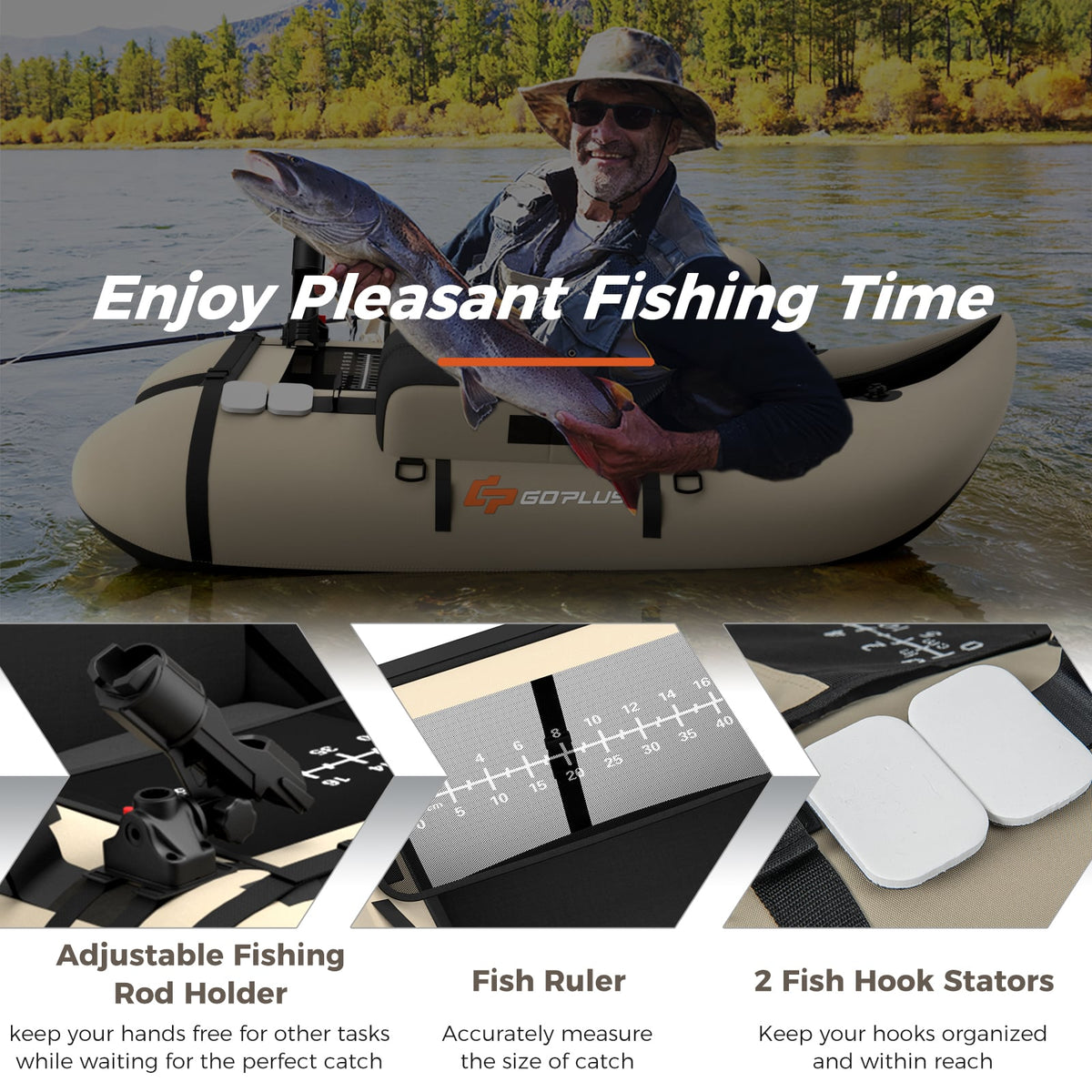 Inflatable Fishing Float Tube with Fish Ruler and Pump Storage Pockets-Beige-Surfing-DECOROLALA