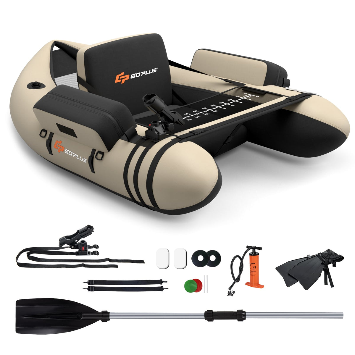 Inflatable Fishing Float Tube with Fish Ruler and Pump Storage Pockets-Beige-Surfing-DECOROLALA
