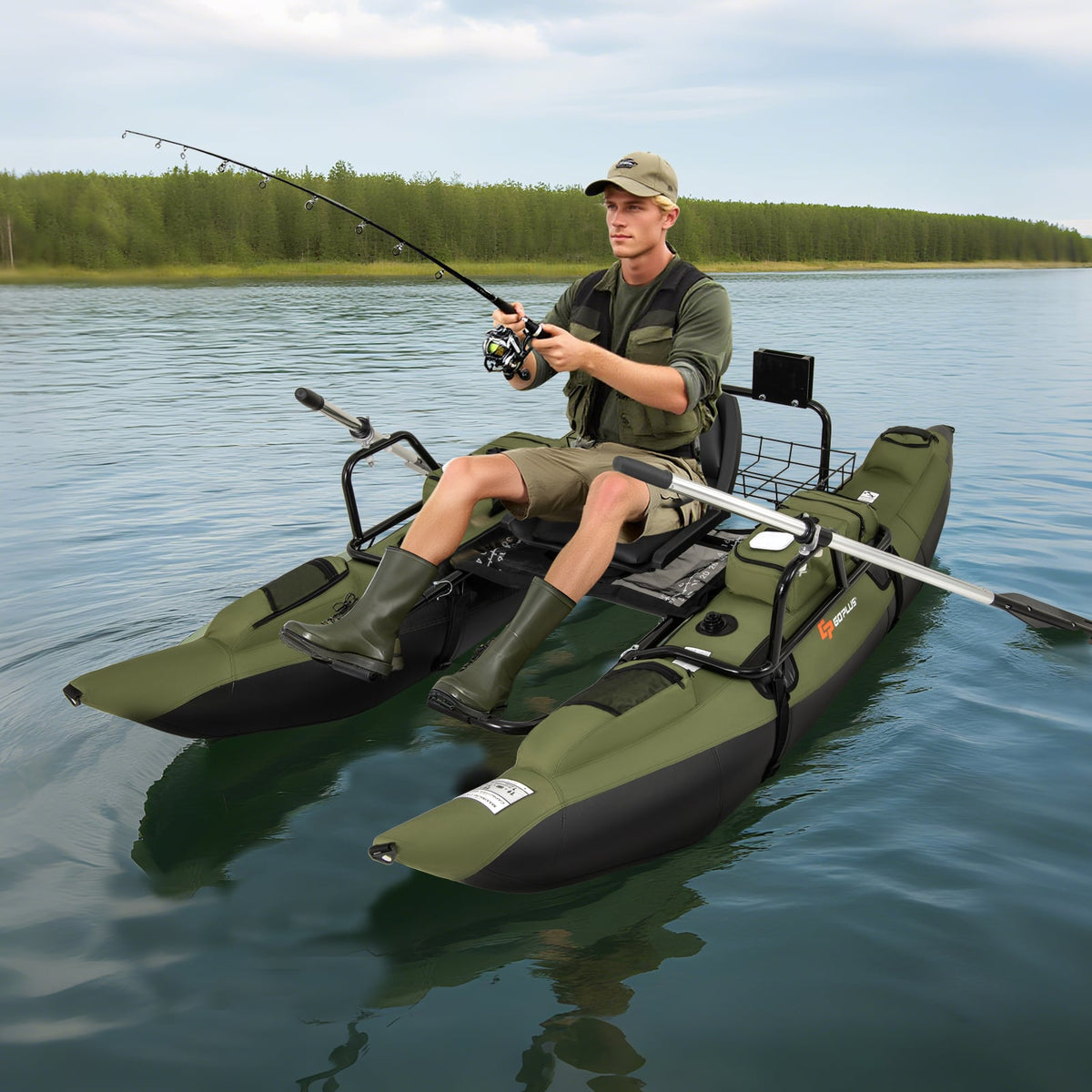 Inflatable Fishing Float Tube with Foldable Padded Seat and Adjustable Footrest-Green-Water Sports-DECOROLALA