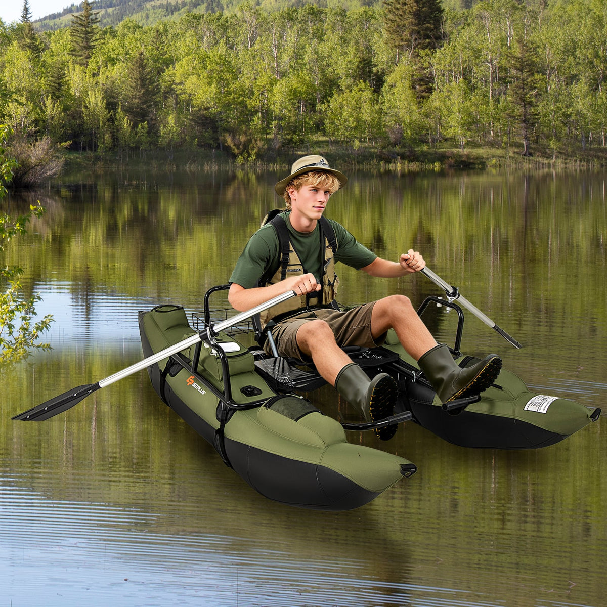 Inflatable Fishing Float Tube with Foldable Padded Seat and Adjustable Footrest-Green-Water Sports-DECOROLALA