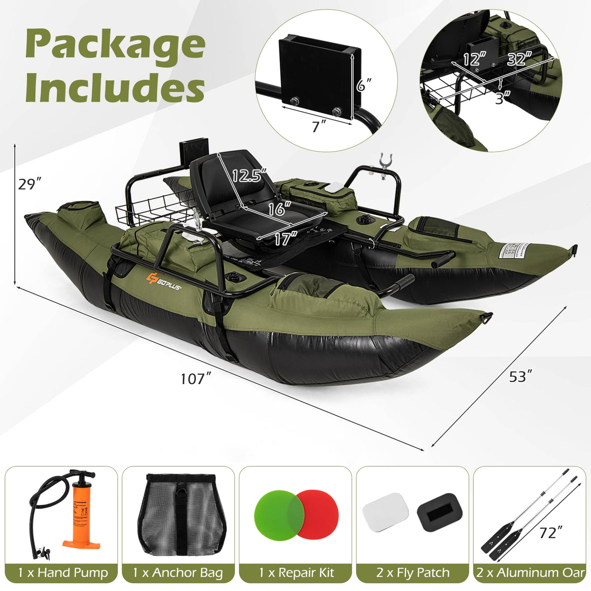 Inflatable Fishing Float Tube with Foldable Padded Seat and Adjustable Footrest-Green-Water Sports-DECOROLALA