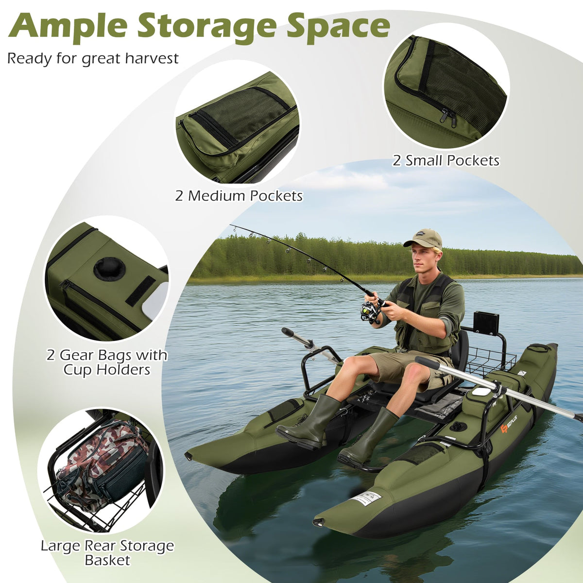 Inflatable Fishing Float Tube with Foldable Padded Seat and Adjustable Footrest-Green-Water Sports-DECOROLALA