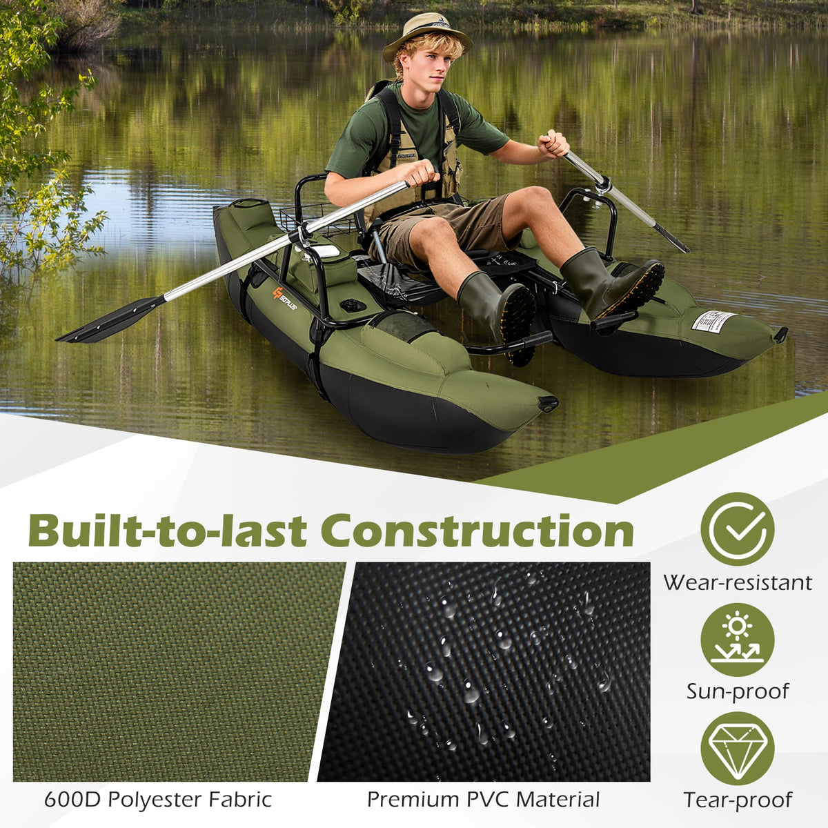 Inflatable Fishing Float Tube with Foldable Padded Seat and Adjustable Footrest-Green-Water Sports-DECOROLALA