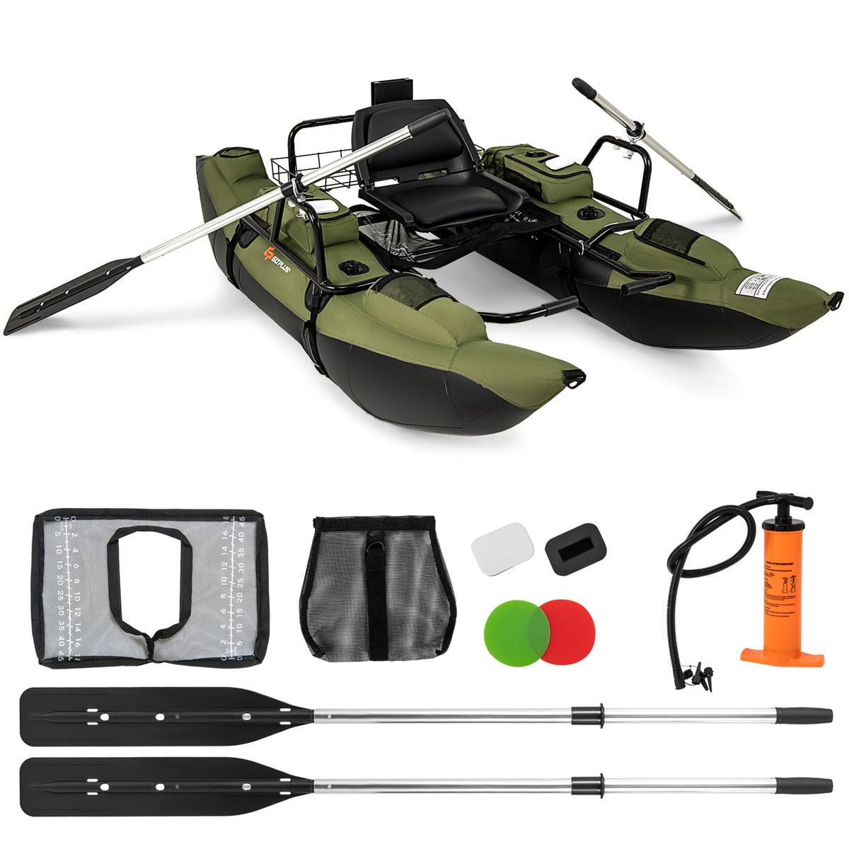 Inflatable Fishing Float Tube with Foldable Padded Seat and Adjustable Footrest-Green-Water Sports-DECOROLALA