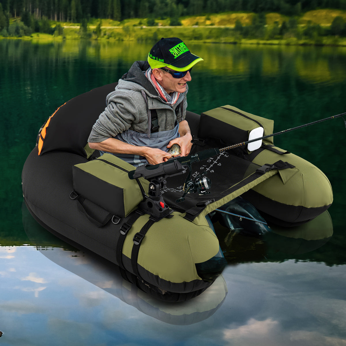Inflatable Float Tube with Adjustable Fishing Rod Holder and Fish Hook Stator-Green-Water Sports-DECOROLALA