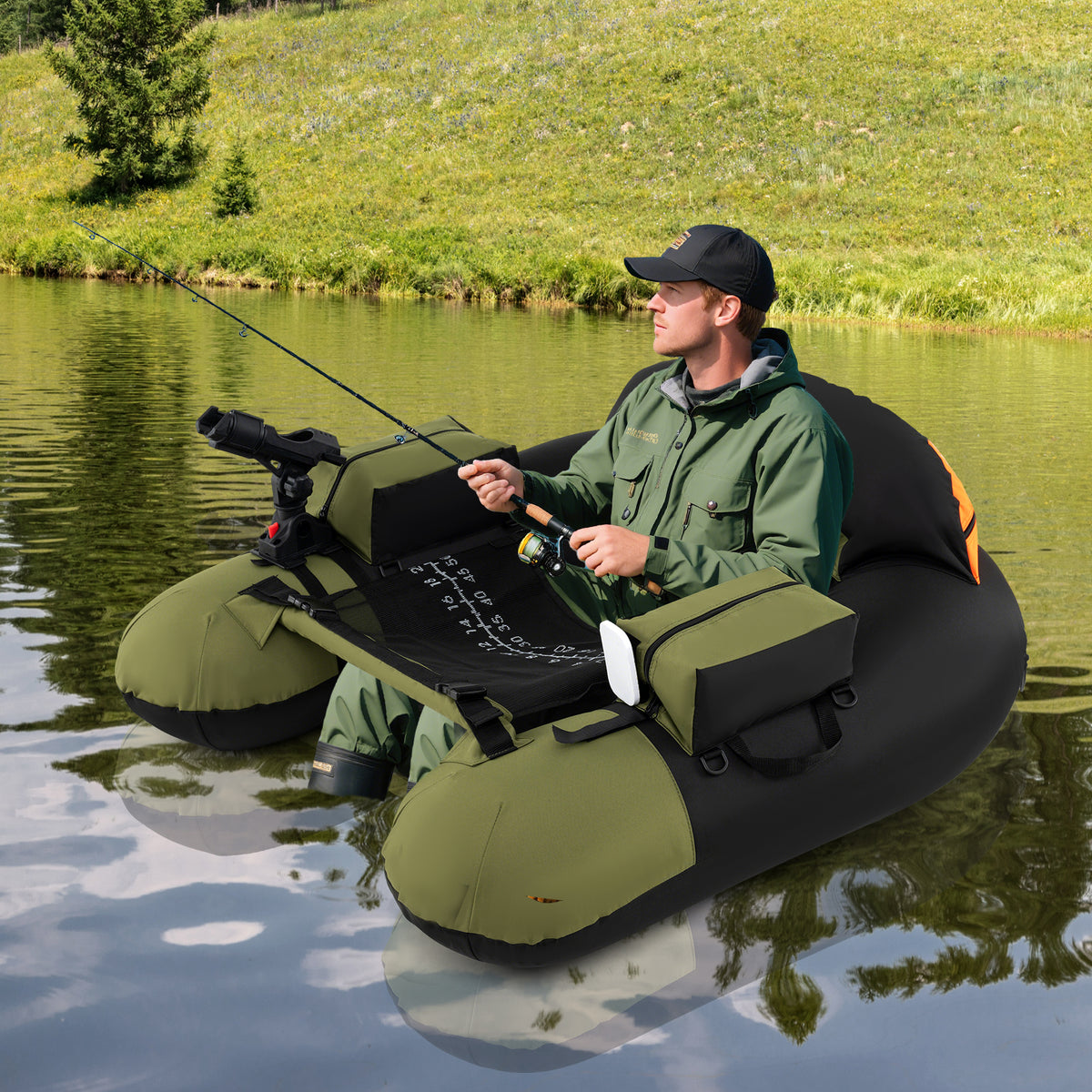 Inflatable Float Tube with Adjustable Fishing Rod Holder and Fish Hook Stator-Green-Water Sports-DECOROLALA