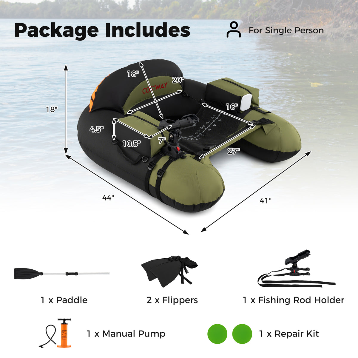 Inflatable Float Tube with Adjustable Fishing Rod Holder and Fish Hook Stator-Green-Water Sports-DECOROLALA