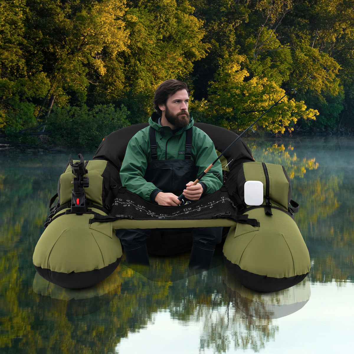 Inflatable Float Tube with Adjustable Fishing Rod Holder and Fish Hook Stator-Green-Water Sports-DECOROLALA