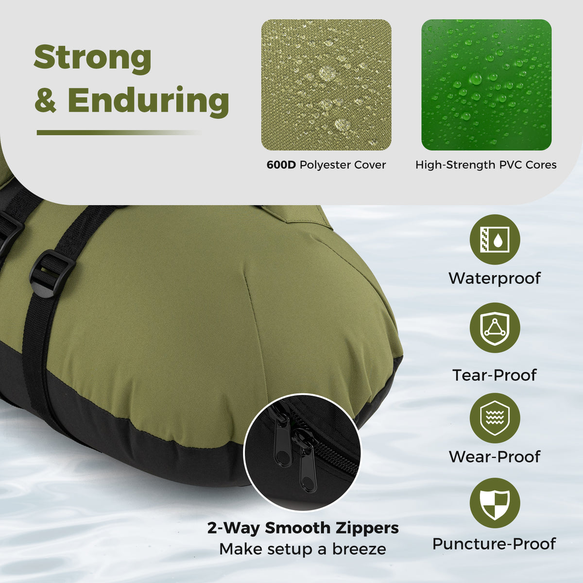 Inflatable Float Tube with Adjustable Fishing Rod Holder and Fish Hook Stator-Green-Water Sports-DECOROLALA