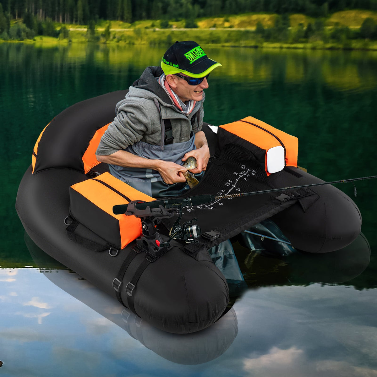 Inflatable Float Tube with Adjustable Fishing Rod Holder and Fish Hook Stator-Orange-Water Sports-DECOROLALA