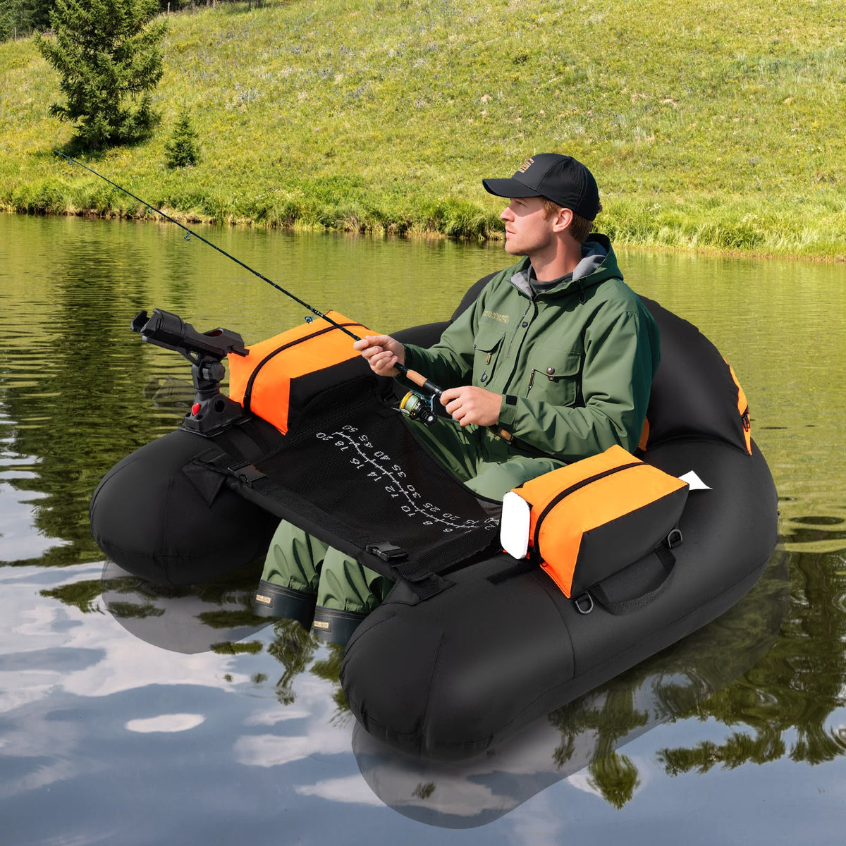 Inflatable Float Tube with Adjustable Fishing Rod Holder and Fish Hook Stator-Orange-Water Sports-DECOROLALA
