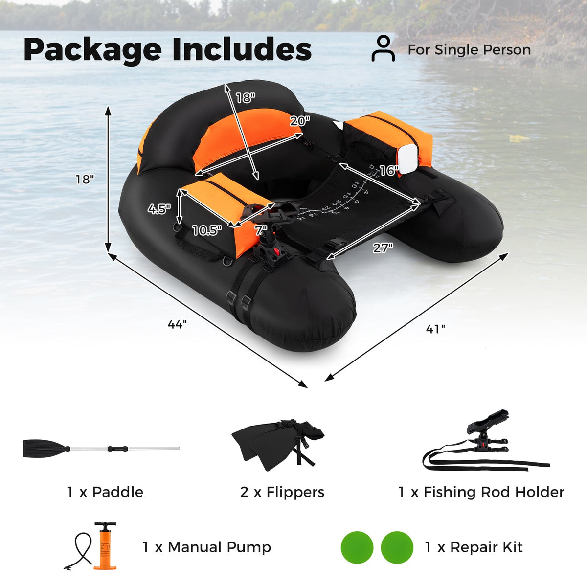 Inflatable Float Tube with Adjustable Fishing Rod Holder and Fish Hook Stator-Orange-Water Sports-DECOROLALA