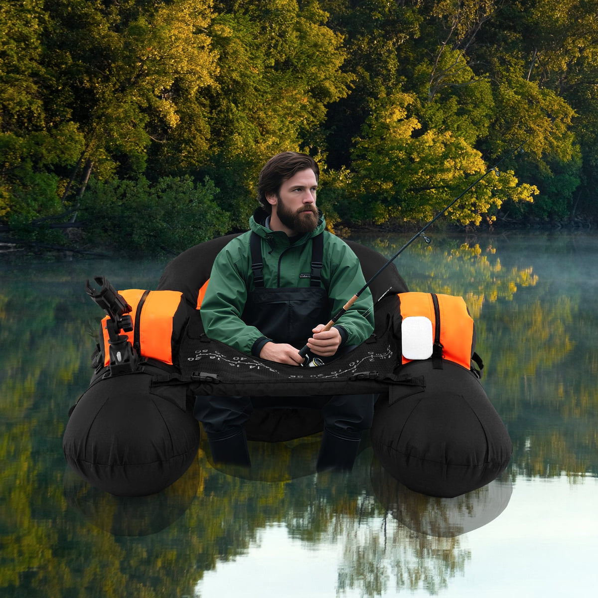 Inflatable Float Tube with Adjustable Fishing Rod Holder and Fish Hook Stator-Orange-Water Sports-DECOROLALA
