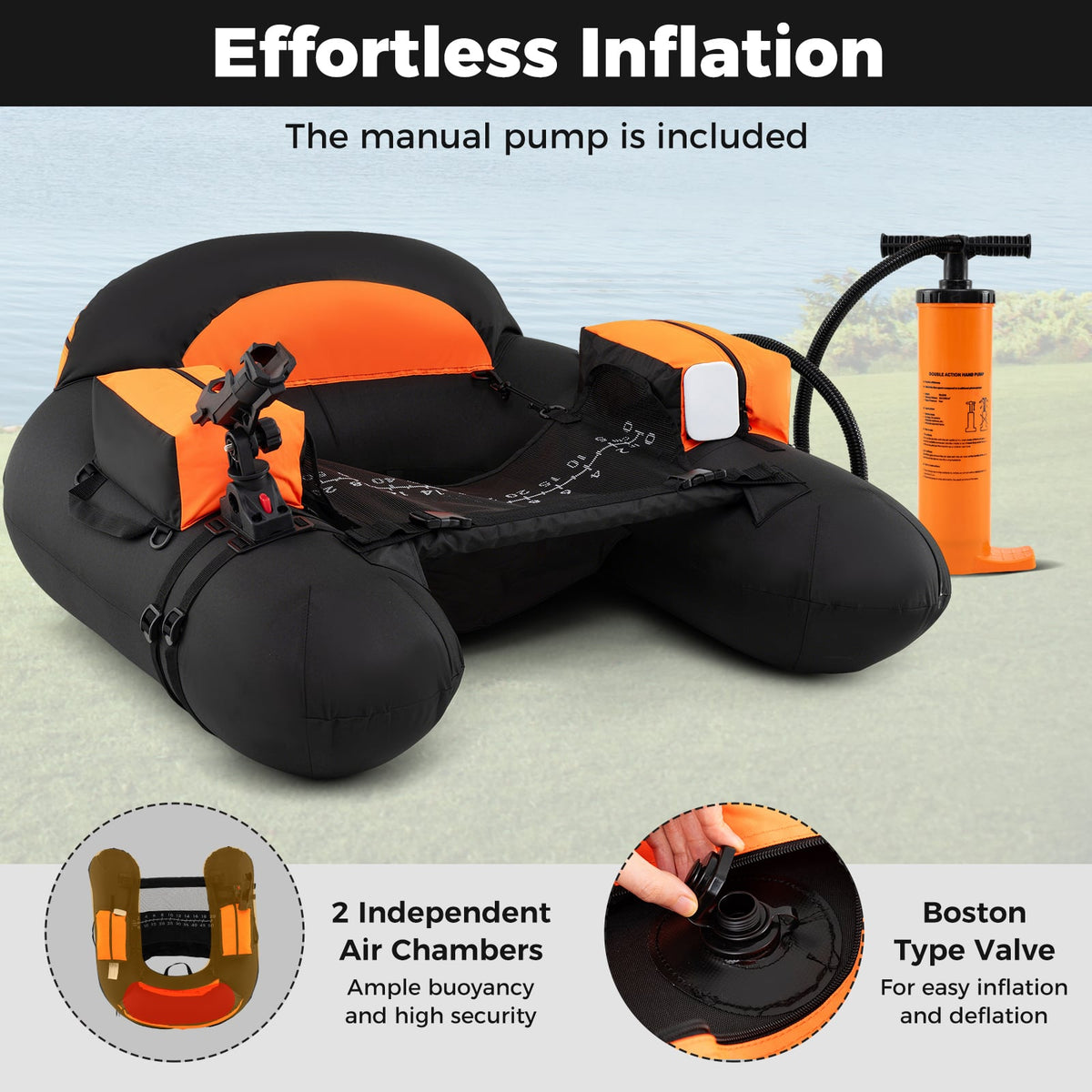 Inflatable Float Tube with Adjustable Fishing Rod Holder and Fish Hook Stator-Orange-Water Sports-DECOROLALA