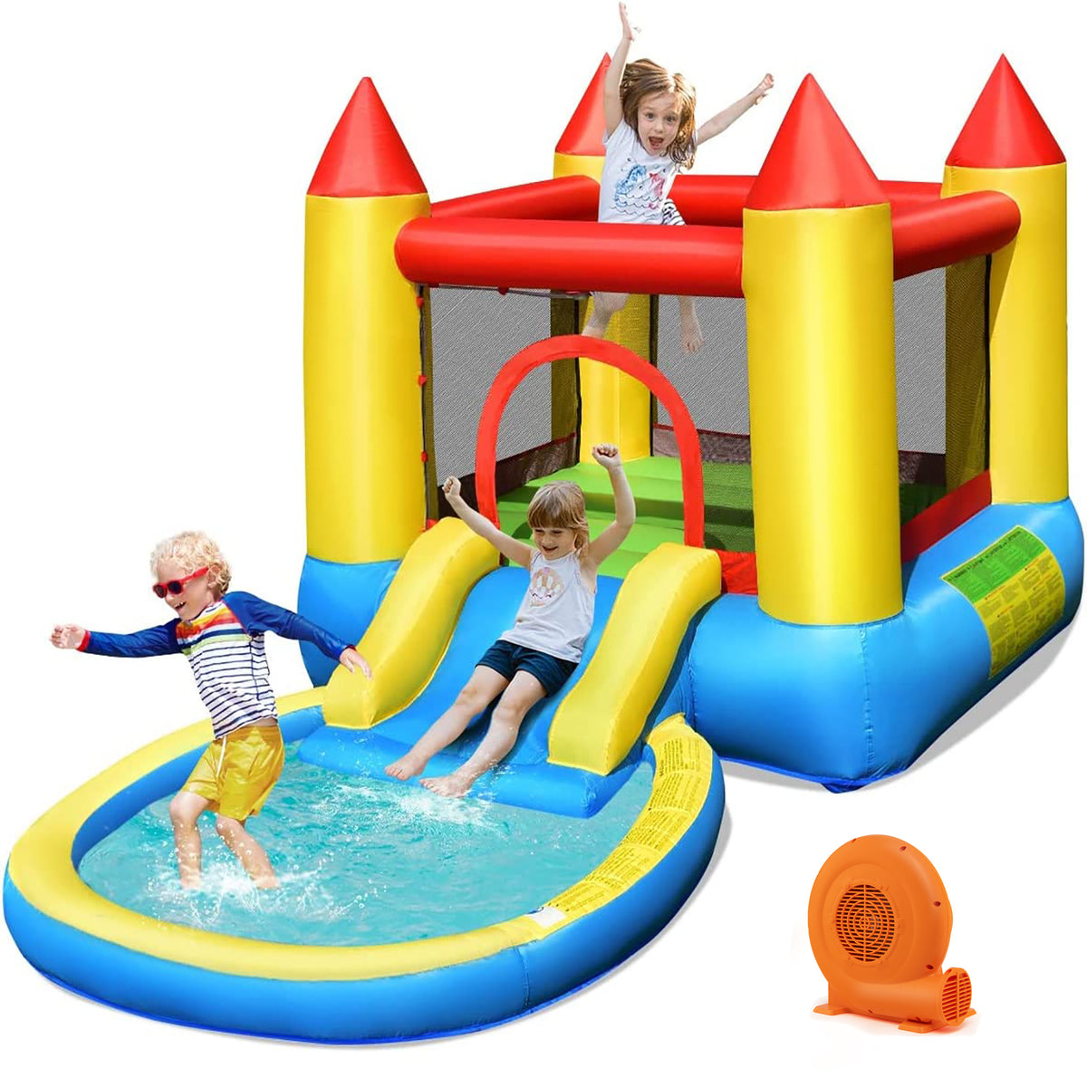 Château gonflable avec toboggan pour enfants et soufflerie de 550 W