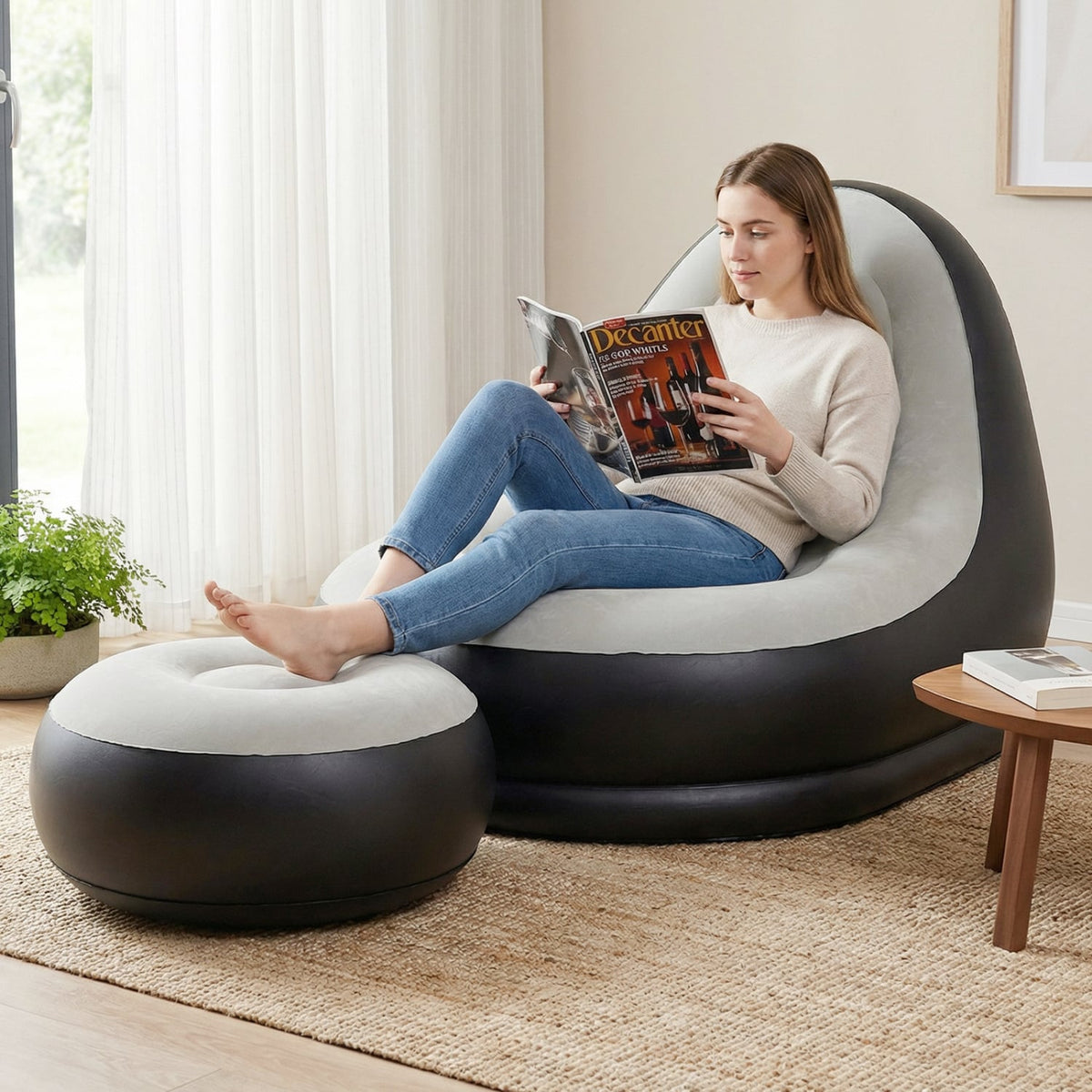 Inflatable Lounge Sofa with Ottoman Portable Air Sofa for Adults with Flocked Surface-Grey-Outdoor Chairs & Seating-DECOROLALA