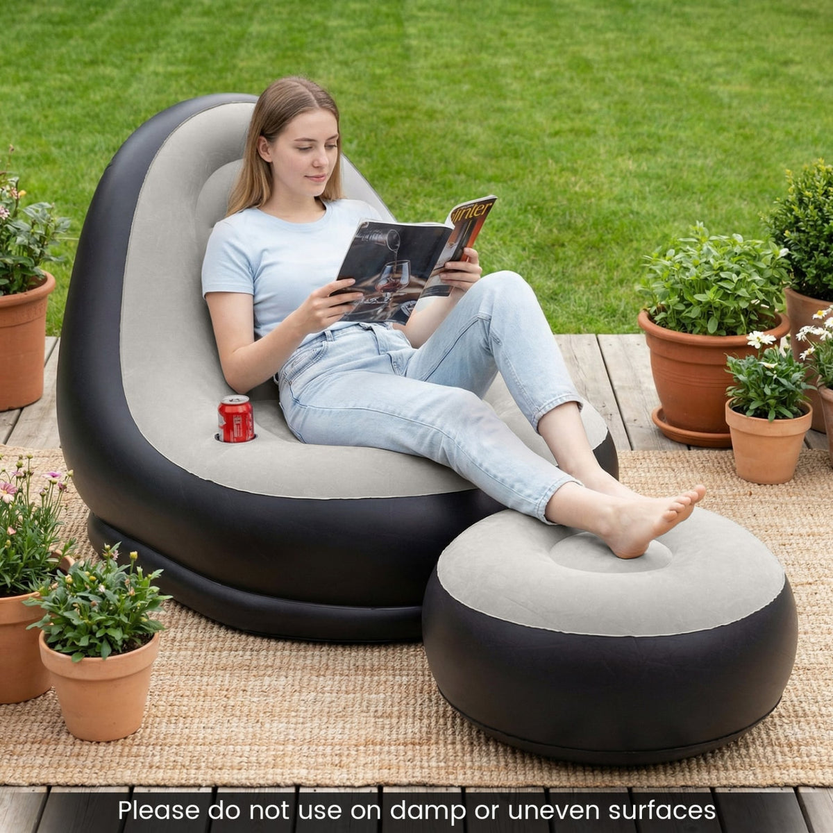 Inflatable Lounge Sofa with Ottoman Portable Air Sofa for Adults with Flocked Surface-Grey-Outdoor Chairs & Seating-DECOROLALA