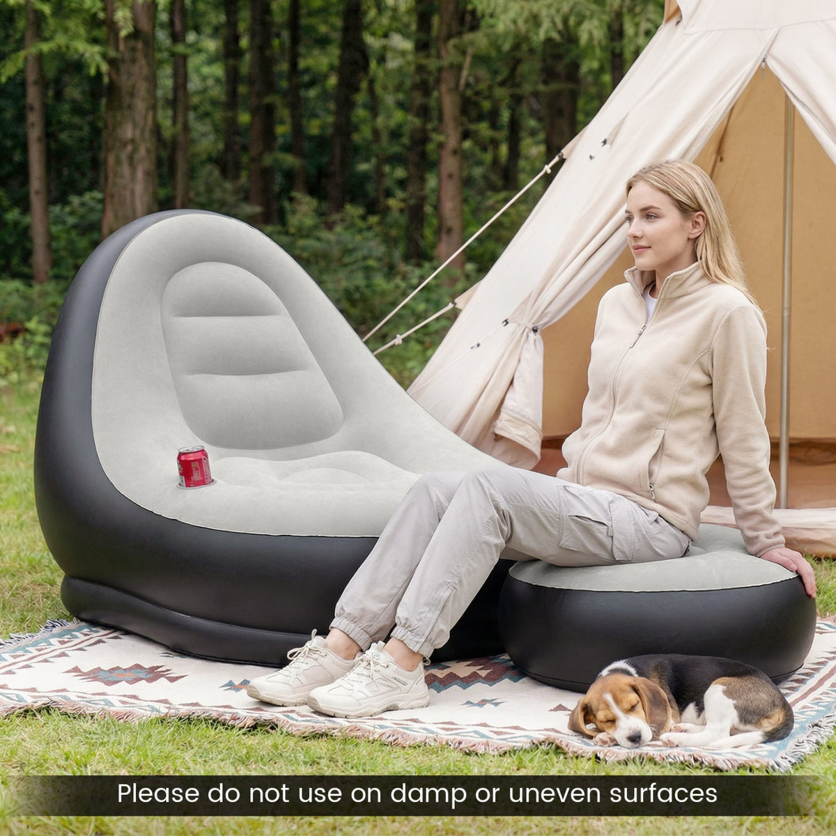 Inflatable Lounge Sofa with Ottoman Portable Air Sofa for Adults with Flocked Surface-Grey-Outdoor Chairs & Seating-DECOROLALA