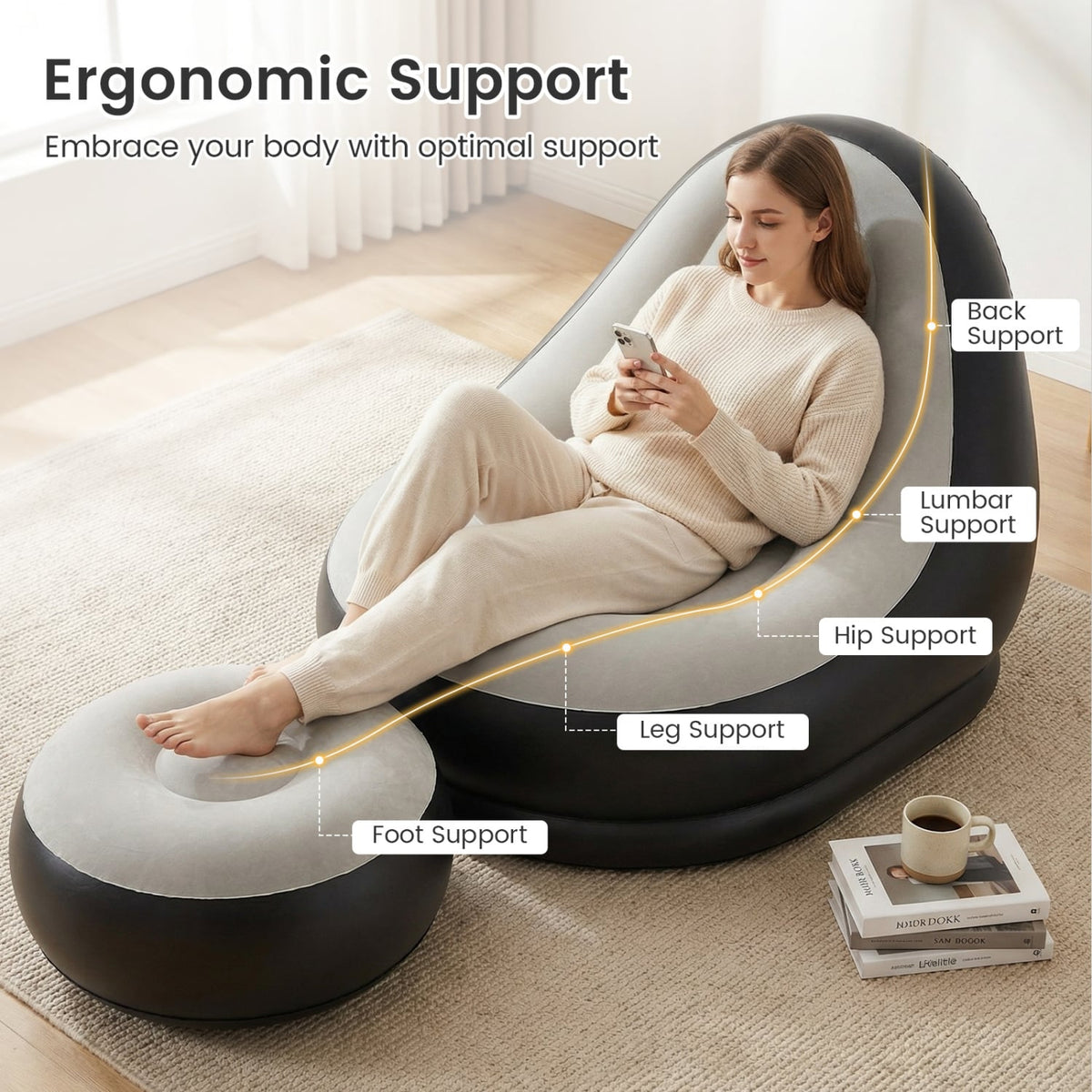 Inflatable Lounge Sofa with Ottoman Portable Air Sofa for Adults with Flocked Surface-Grey-Outdoor Chairs & Seating-DECOROLALA