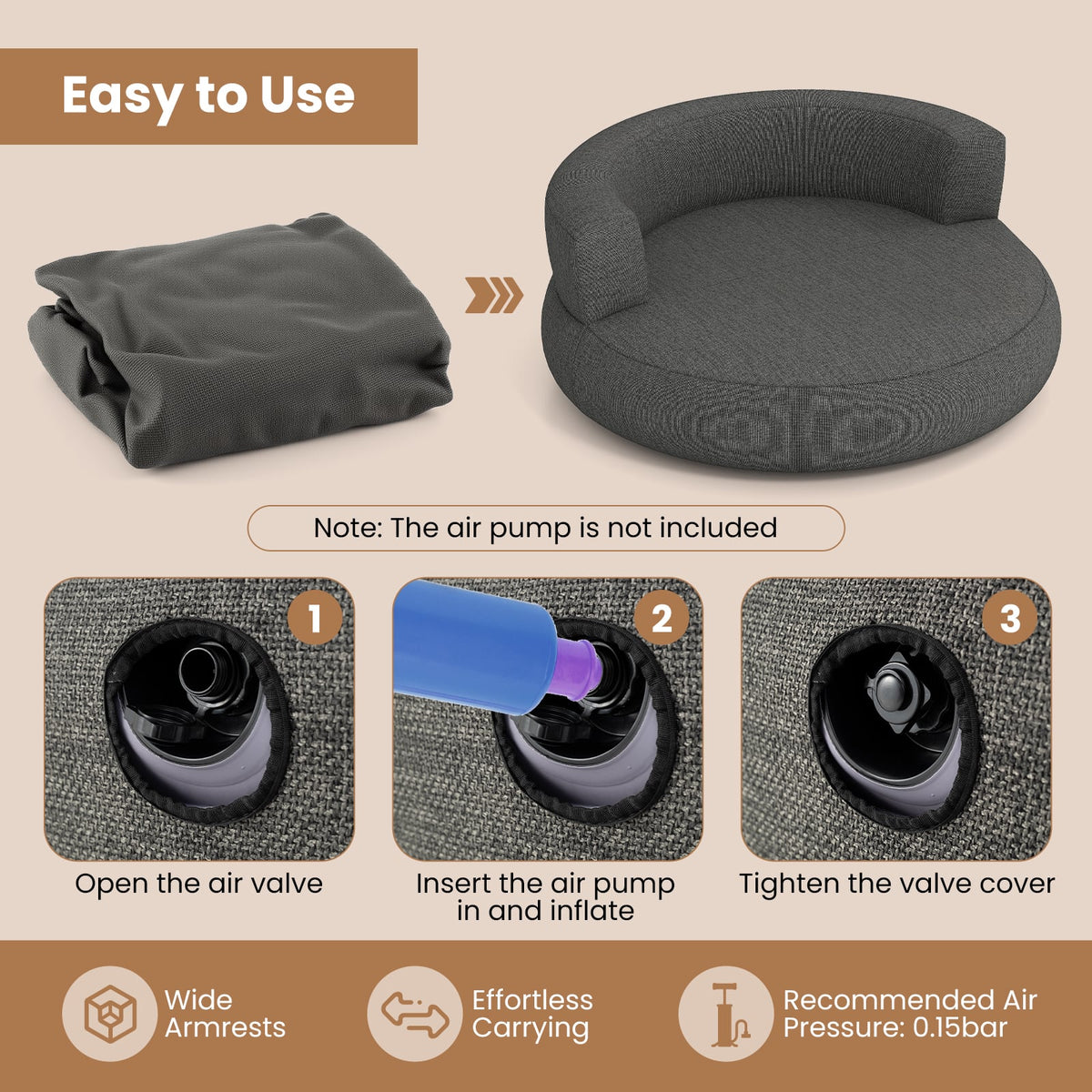 Inflatable Lounger Air Sofa with Detachable Cover-Gray-Camping Furniture-DECOROLALA