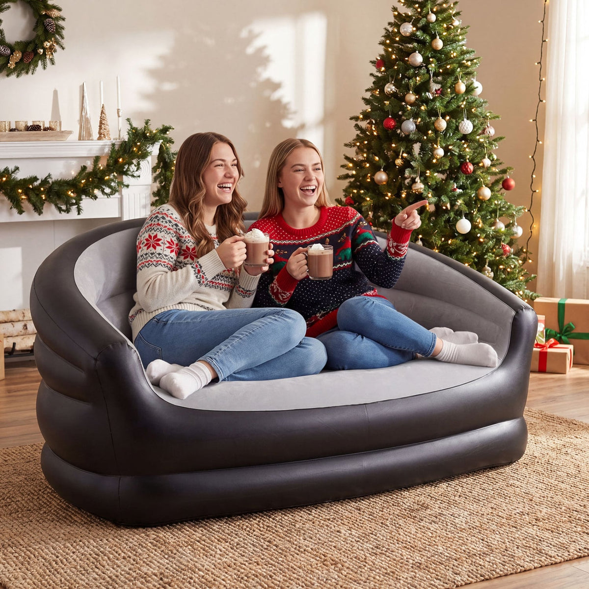 Inflatable Loveseat Couch Portable and Foldable 2-Seater Air Sofa for Adults with Flocked Surface-Grey-Outdoor Chairs & Seating-DECOROLALA