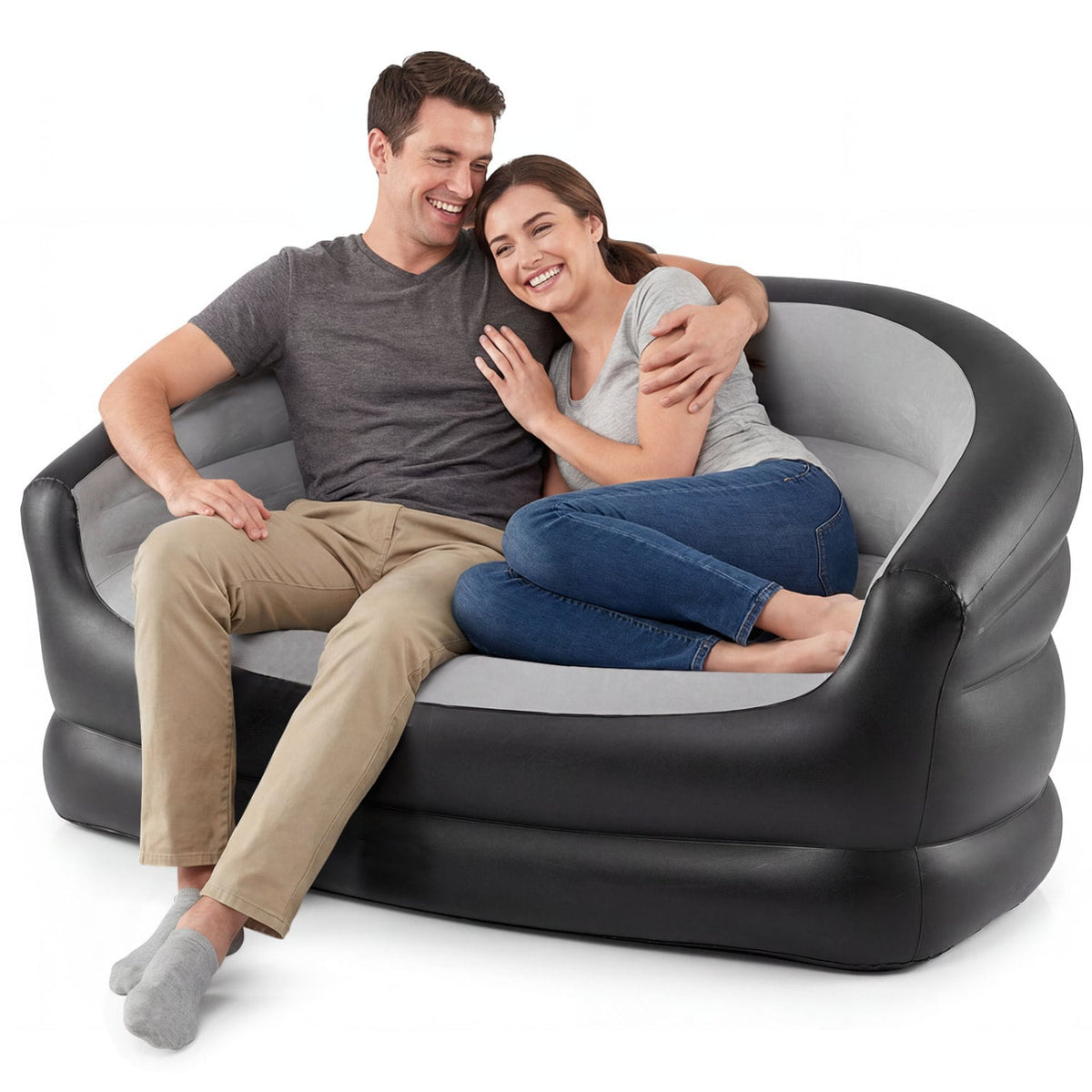 Inflatable Loveseat Couch Portable and Foldable 2-Seater Air Sofa for Adults with Flocked Surface-Grey-Outdoor Chairs & Seating-DECOROLALA