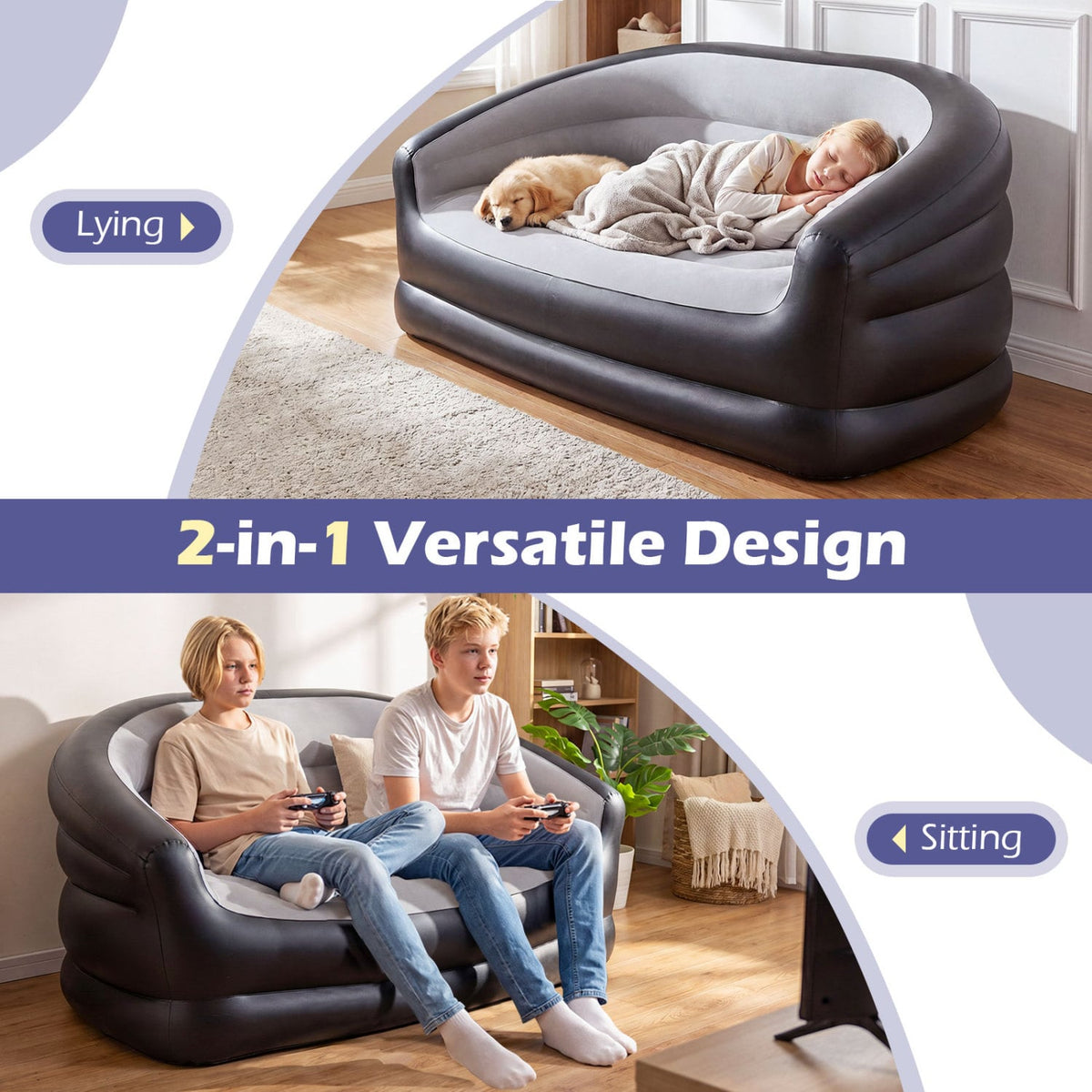 Inflatable Loveseat Couch Portable and Foldable 2-Seater Air Sofa for Adults with Flocked Surface-Grey-Outdoor Chairs & Seating-DECOROLALA