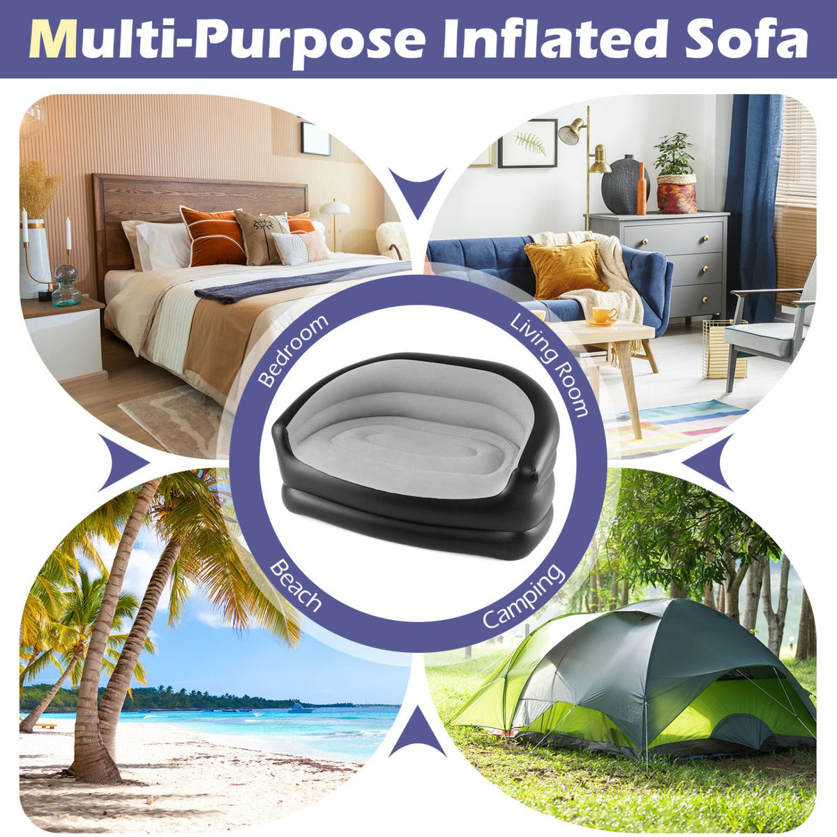Inflatable Loveseat Couch Portable and Foldable 2-Seater Air Sofa for Adults with Flocked Surface-Grey-Outdoor Chairs & Seating-DECOROLALA