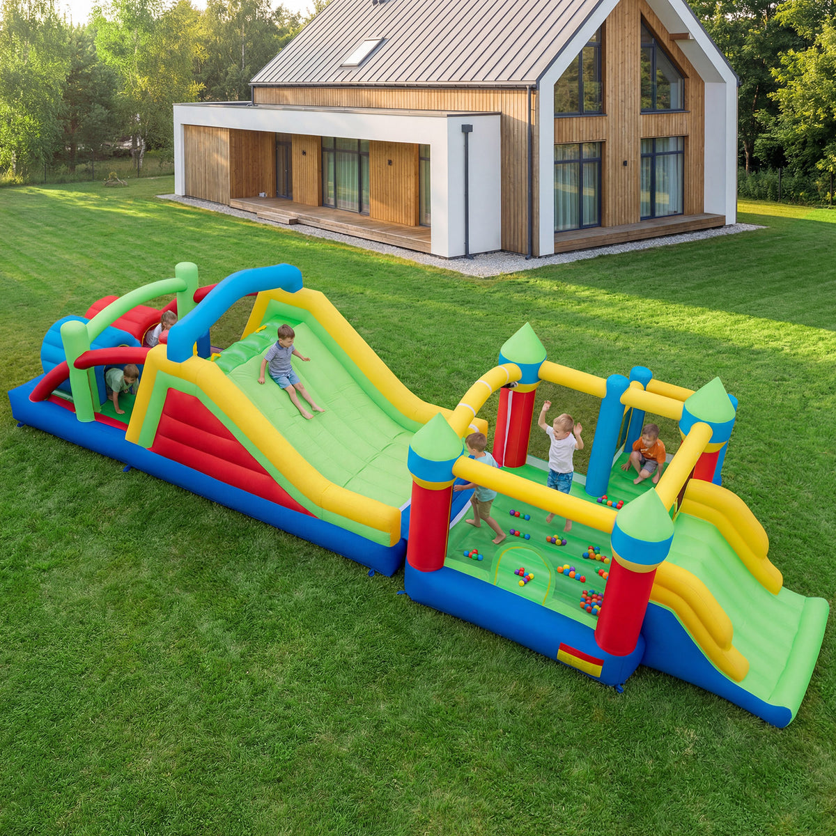 Inflatable Obstacle Course Bounce House with Dual Slides - Multi-Color-Inflatable Bounce Houses-DECOROLALA
