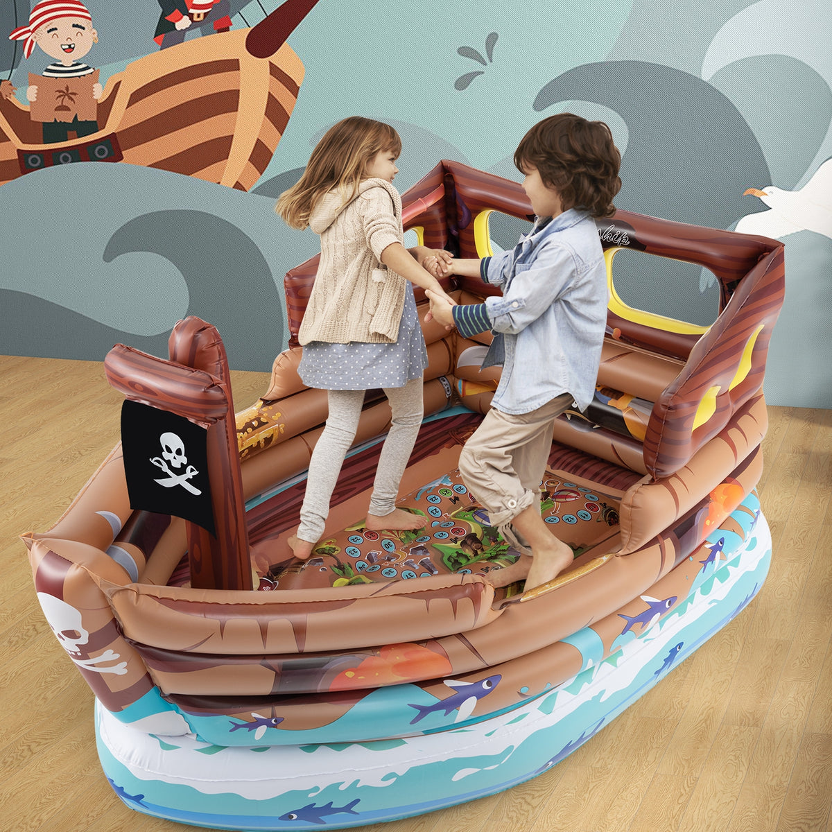 Inflatable Pirate Ship Playhouse with Motor - 80" PVC Kids Play Tent