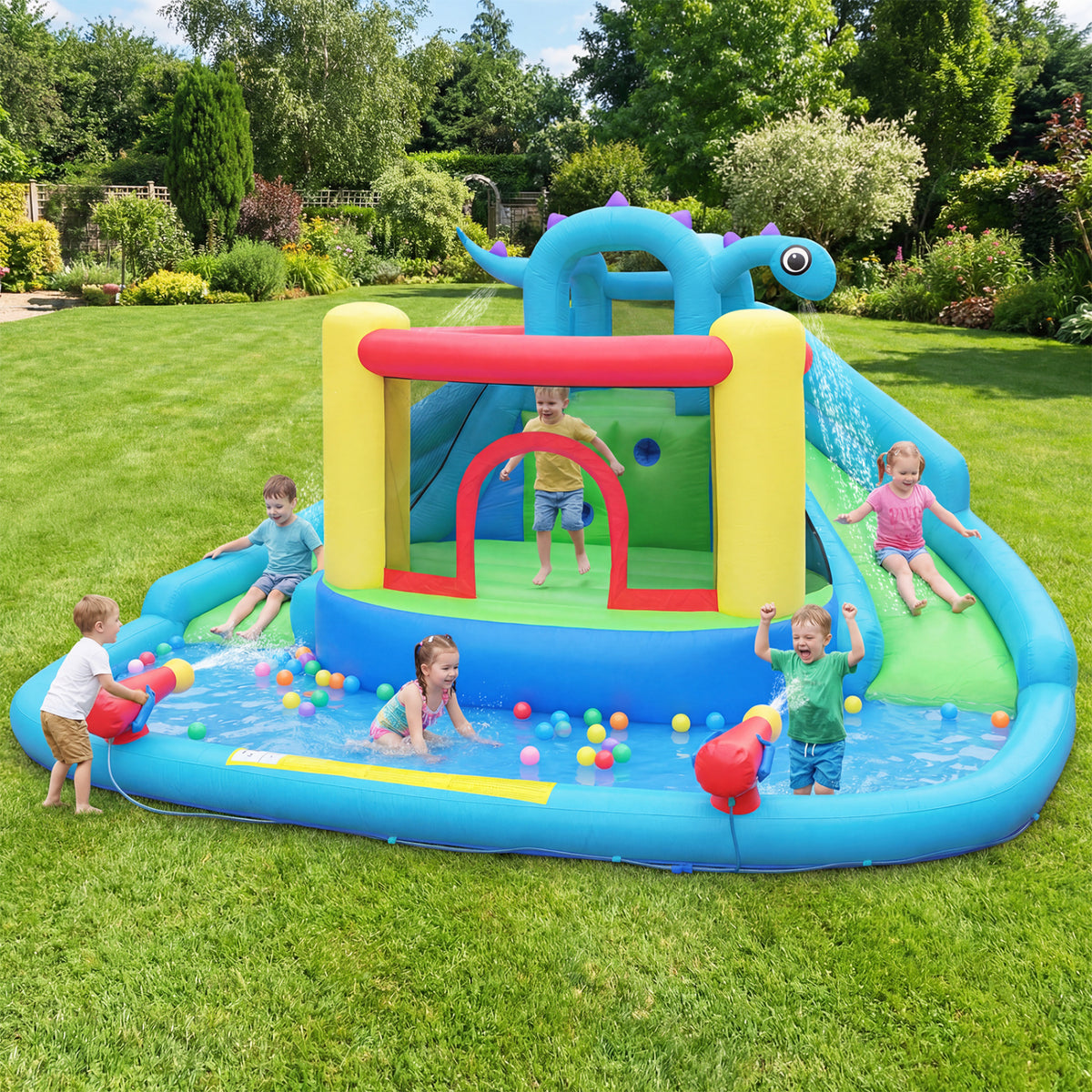 Dinosaur-Themed Inflatable Water Slide Bounce House with Blower