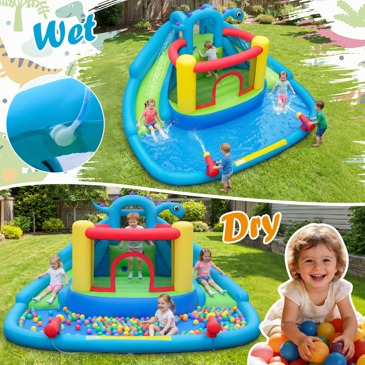 Dinosaur-Themed Inflatable Water Slide Bounce House with Blower