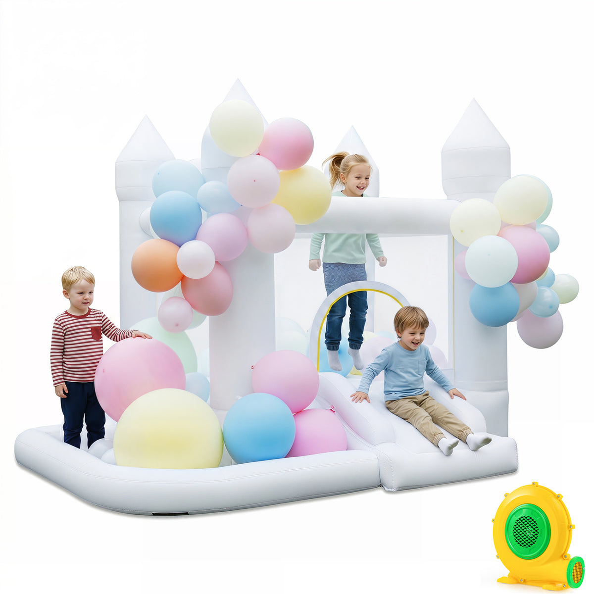 Château gonflable avec espace de saut, panier de basket et soufflerie de 370 W