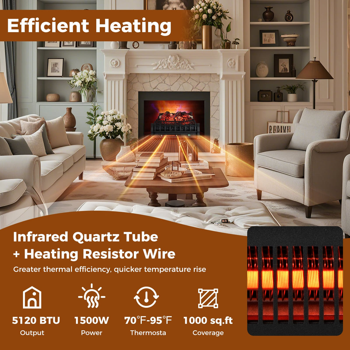 Infrared Quartz Electric Fireplace with Adjustable 3D Flame Colors and Overheat Protection-Black-Fireplaces-DECOROLALA