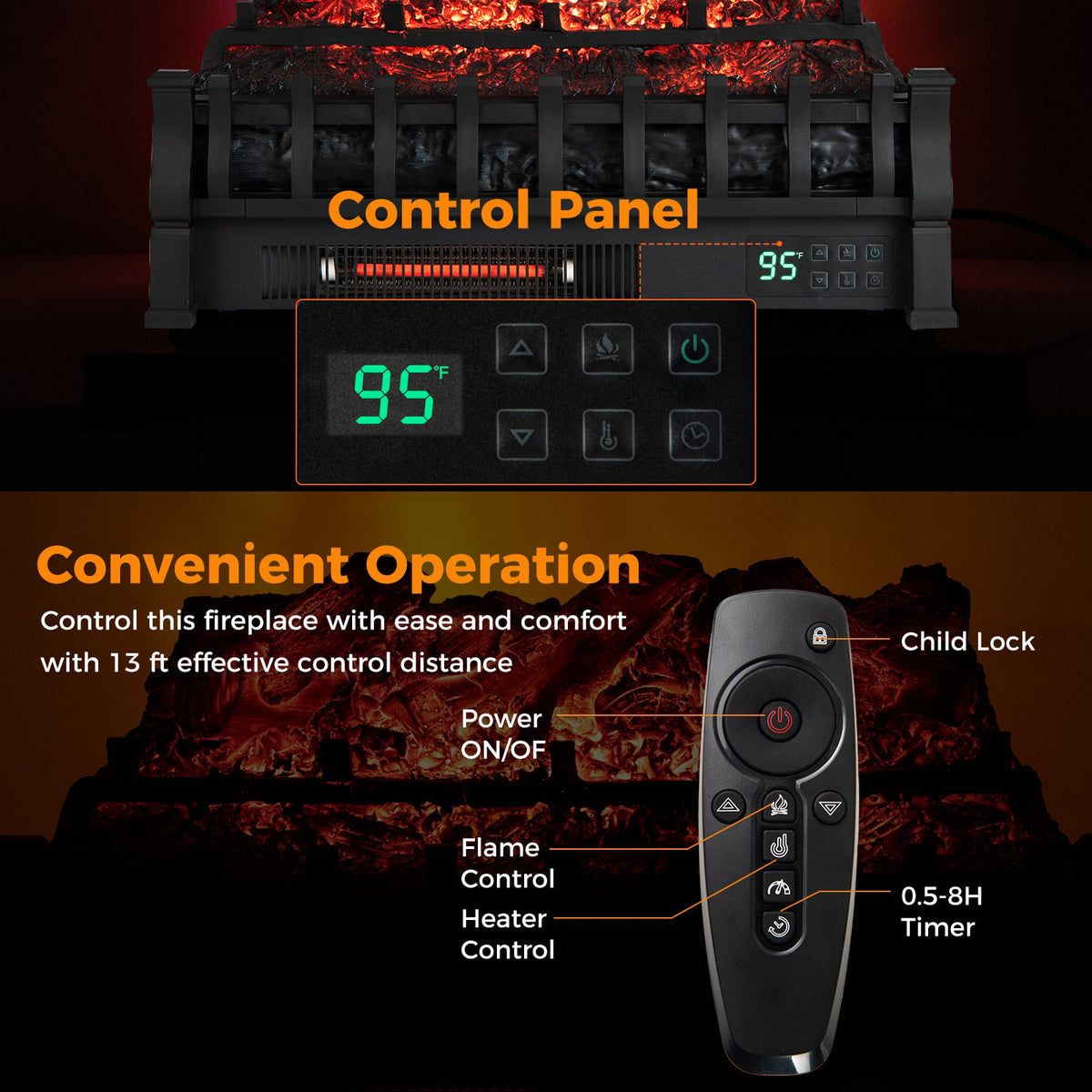 Infrared Quartz Electric Fireplace with Adjustable 3D Flame Colors and Overheat Protection-Black-Fireplaces-DECOROLALA